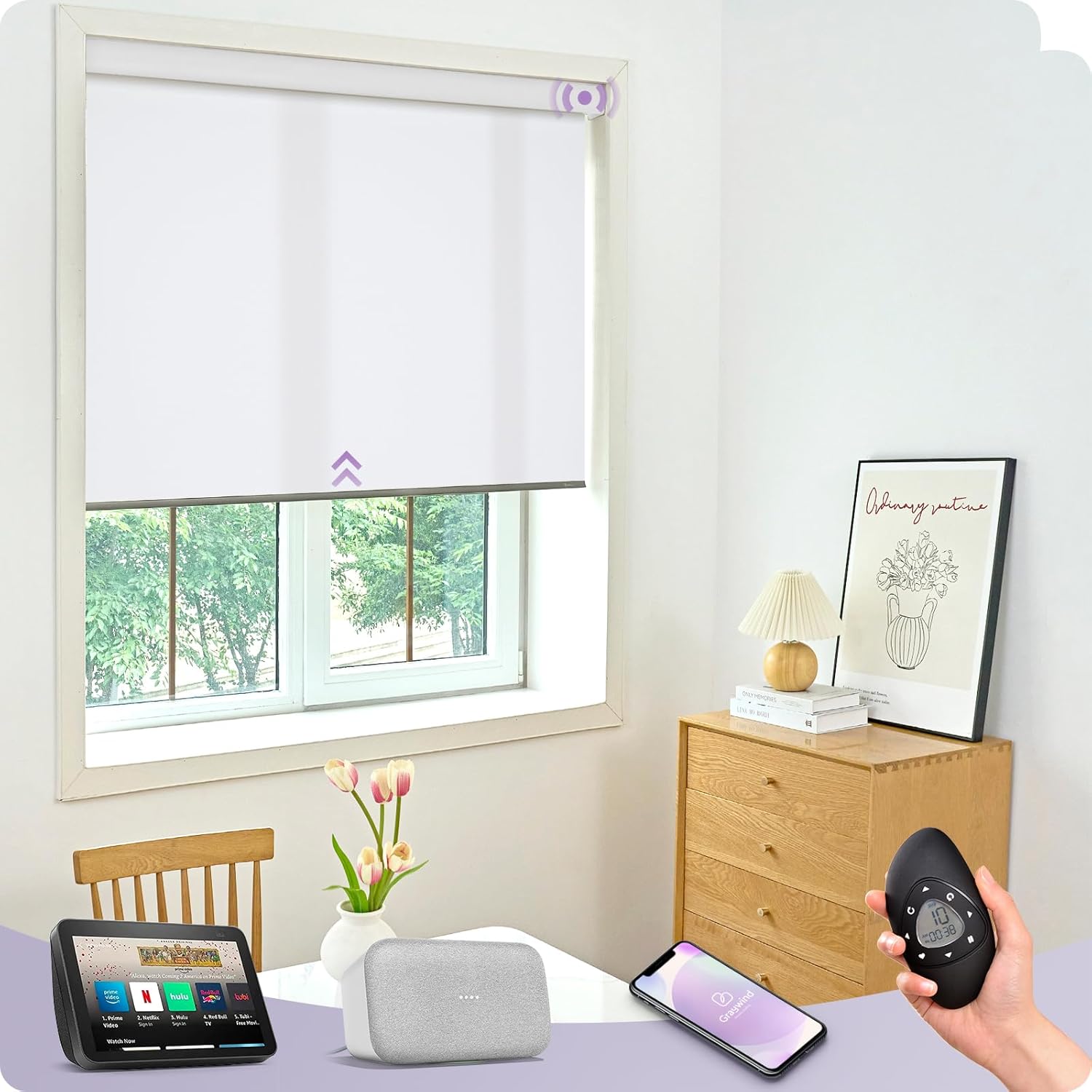 Graywind Motorized Light Filtering Shades Compatible with Alexa Google Rechargeable Remote Control Smart Blinds Automatic Window Shade with Valance for Home Office, Custom Size (Pure White)