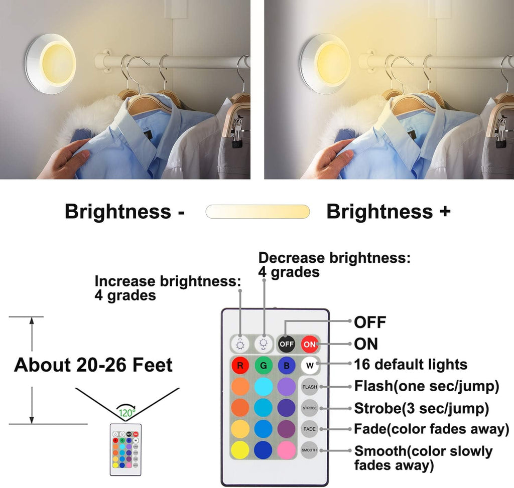 HONWELL Push Lights, LED Puck Lights with Remote, Battery Operated Under Cabinet Lighting,Cordless RGB Color Changing Touch Fairy Light with Dimmer, Stick on Light for Closet Classroom Shelf