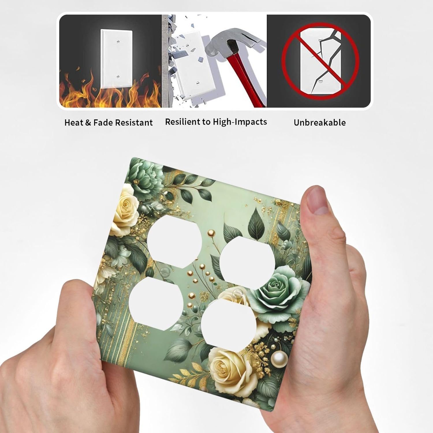 Decorative Outlet Covers Rustic Green Floral Leaves Teal Flowers Gold Stripe 2 Gang Wall Plate Cover Double Duplex Receptacle Two Switch Light Switch Cover Plate Faceplate