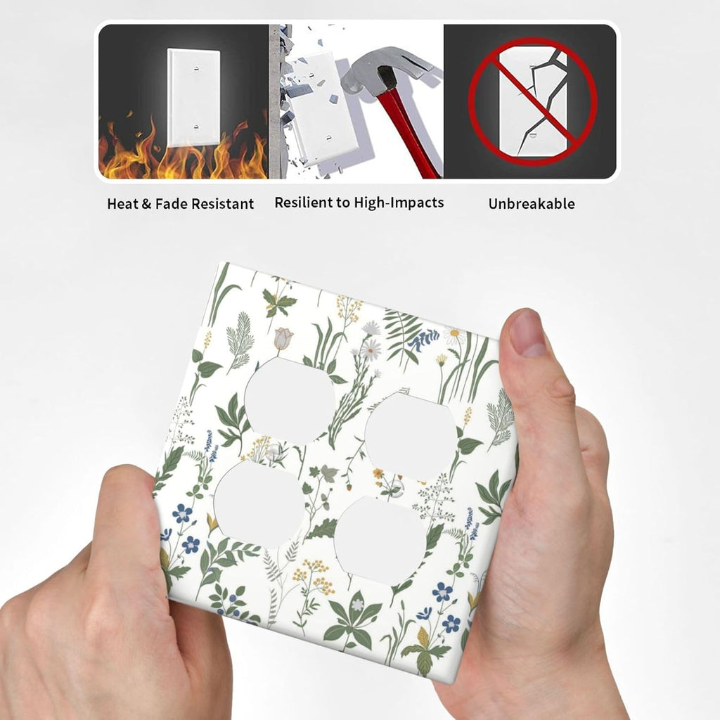 Outlet Covers Floral Green Leaf Plant Flowes 2 Gang Double Duplex Decorative Light Switch Covers Electrical Wallplates Socket Faceplate For Bed Room Farmhouse Decor
