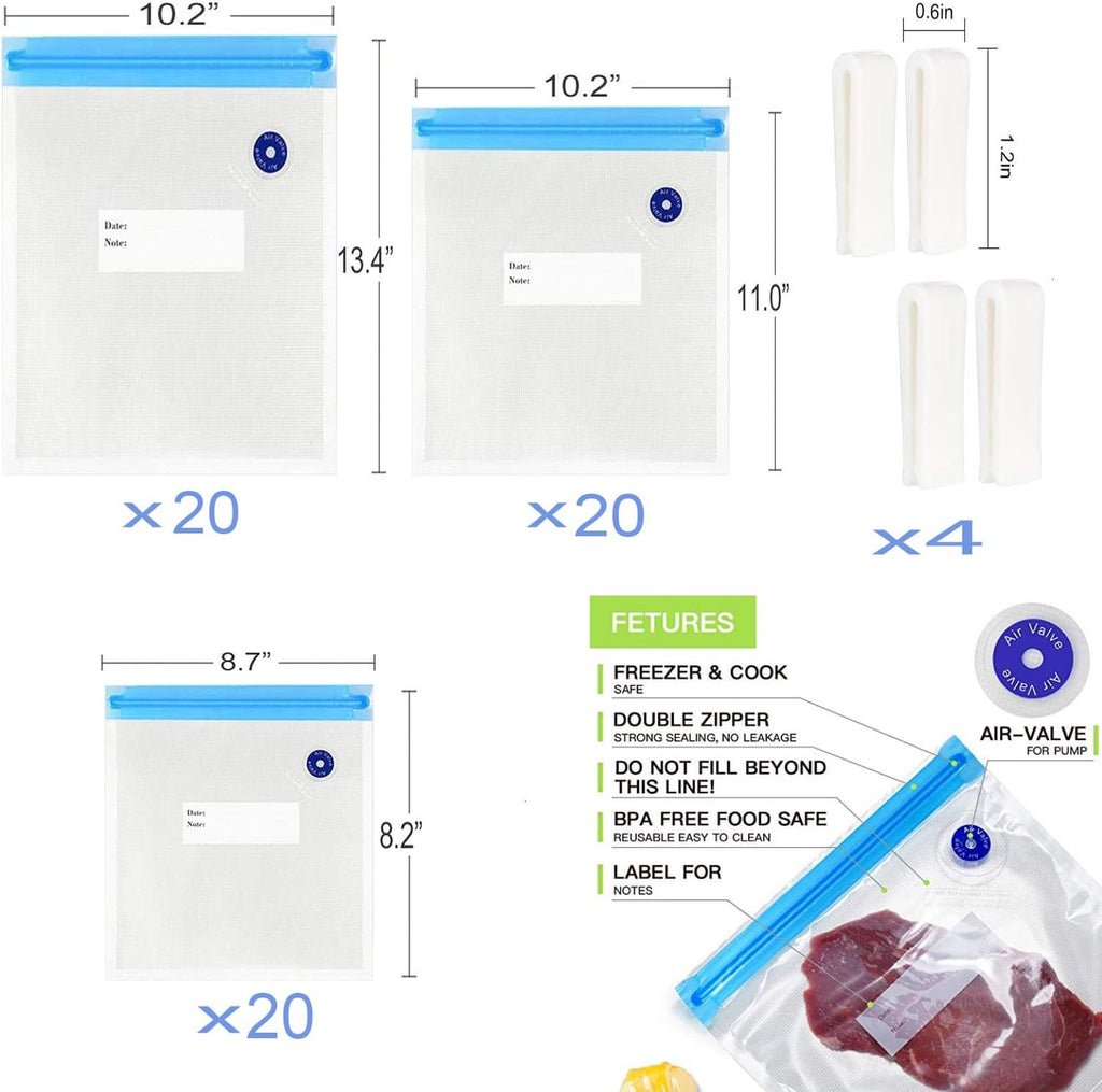 Sous Vide Bags 20pack Reusable Vacuum Food Storage Bags with 3 Sizes Vacuum Food Bags,4 Sealing Clips for Food Storage and Sous Vide Cooking (60pcs bags)