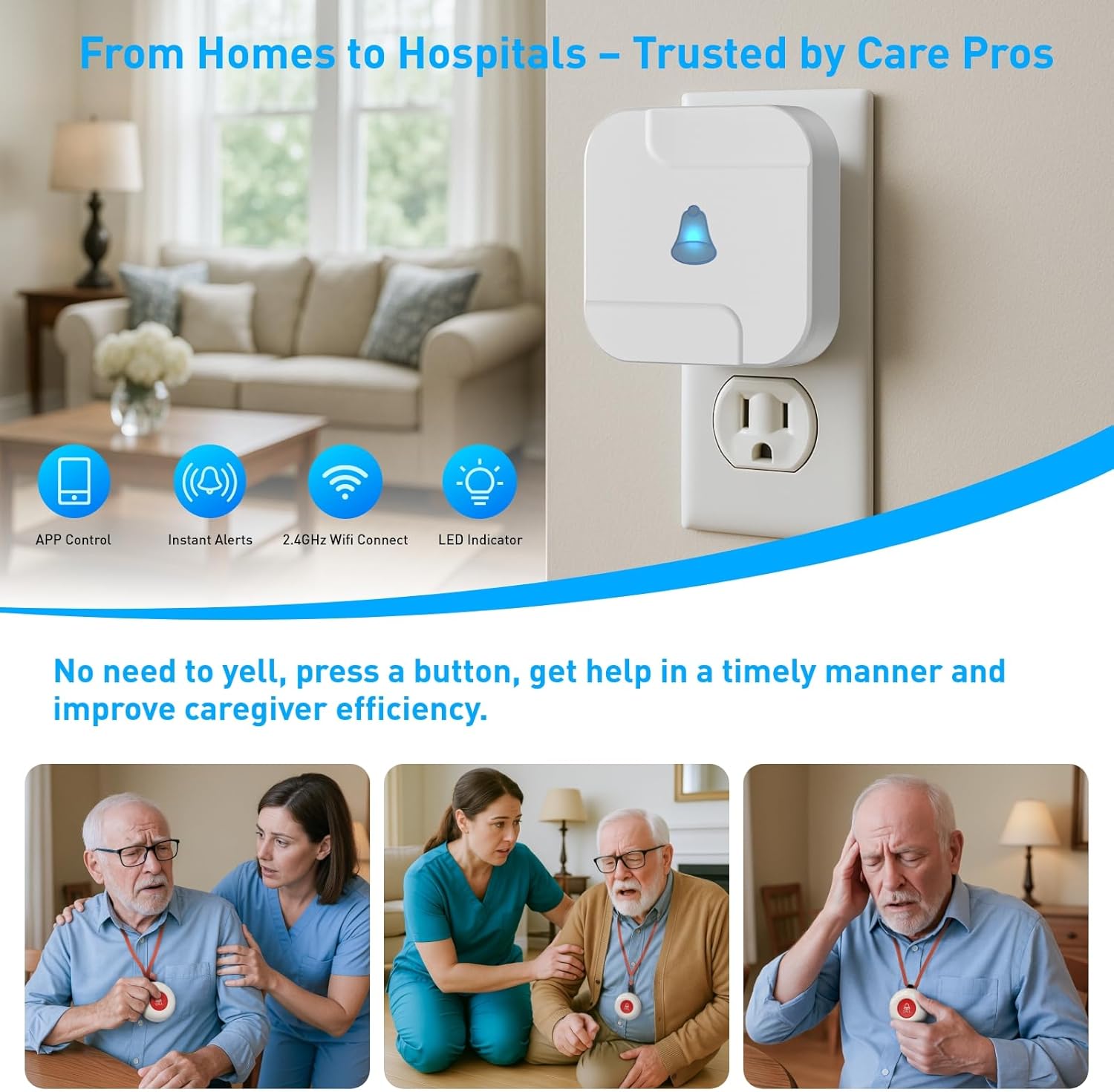 Wireless Caregiver Pager System with Call Button for Elderly at Home - Emergency Alert Button That Calls Cell Phone, 2 SOS Buttons + 1 Receiver for Seniors/Disabled (2.4GHz WiFi, No Monthly Fee)