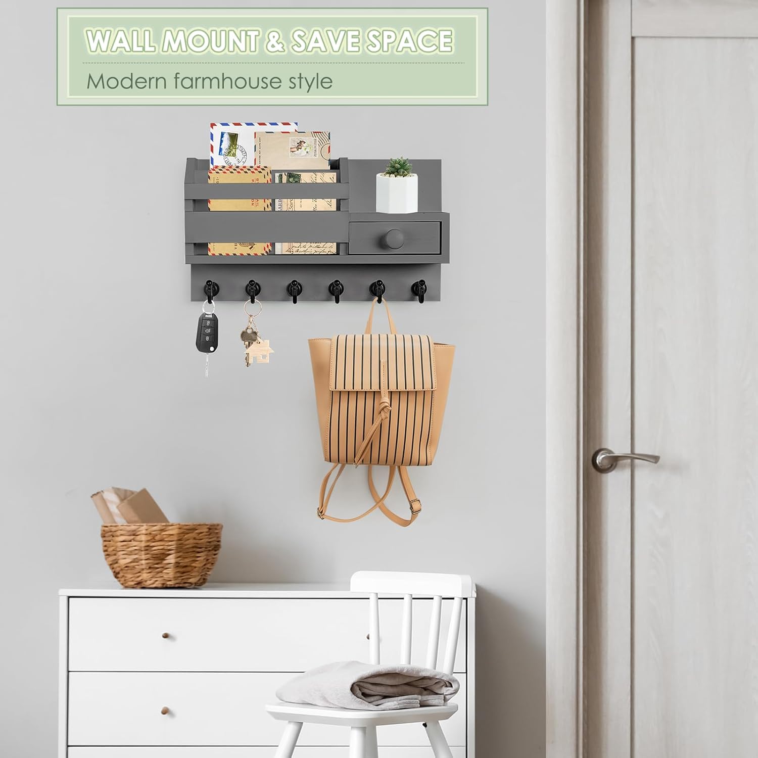 VIS'V Key Holder Wall Mount, Wooden Mail and Key Organizer with Drawer and Shelf, 2 Slots, 6 Hooks, Grey