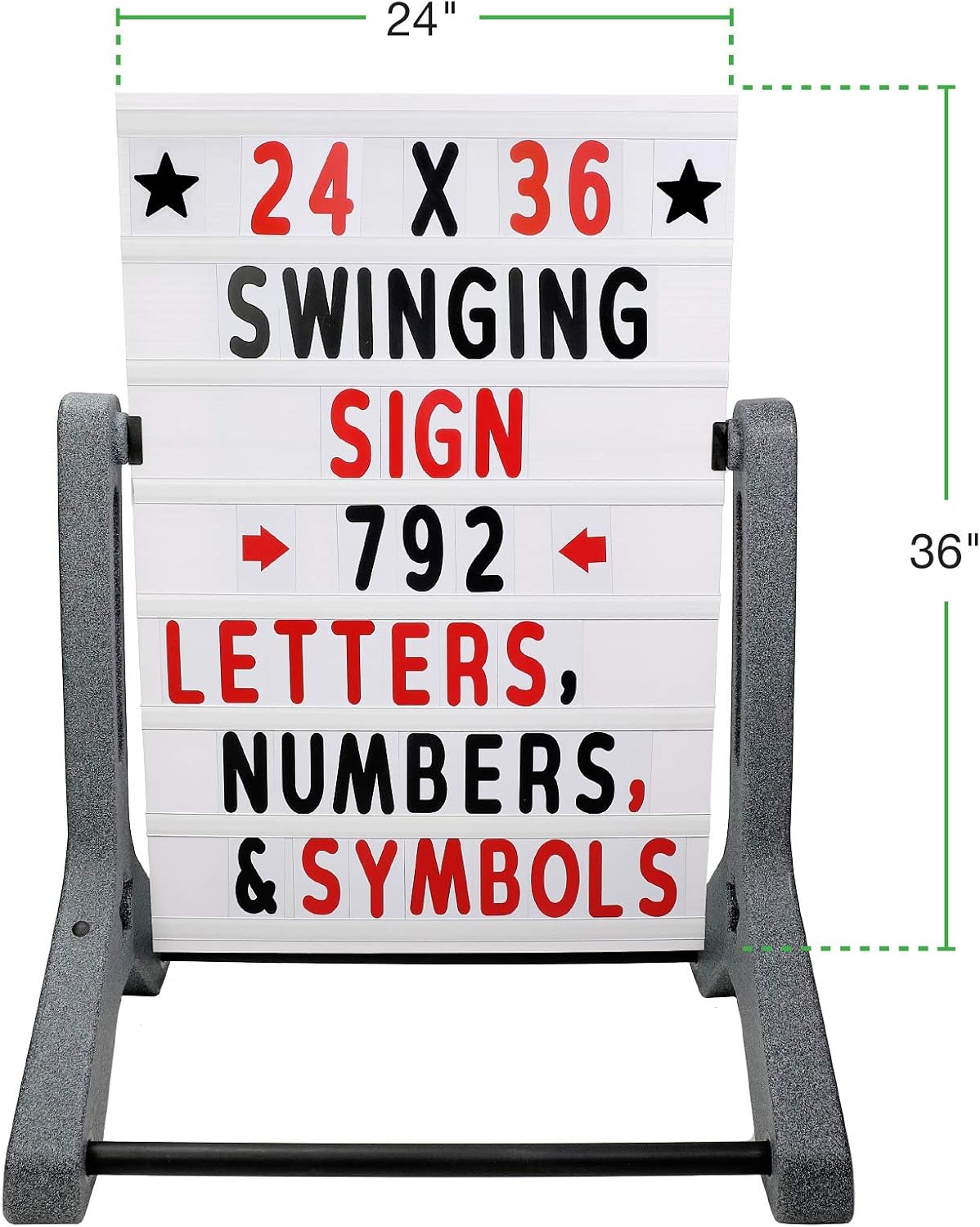 Swinging Changeable Message Sidewalk Sign: 24" x 36" Sign with 792 Pre-Cut Double Sided Letters and Storage Box. Includes Black Board & Letter Board (Granite Color Legs)