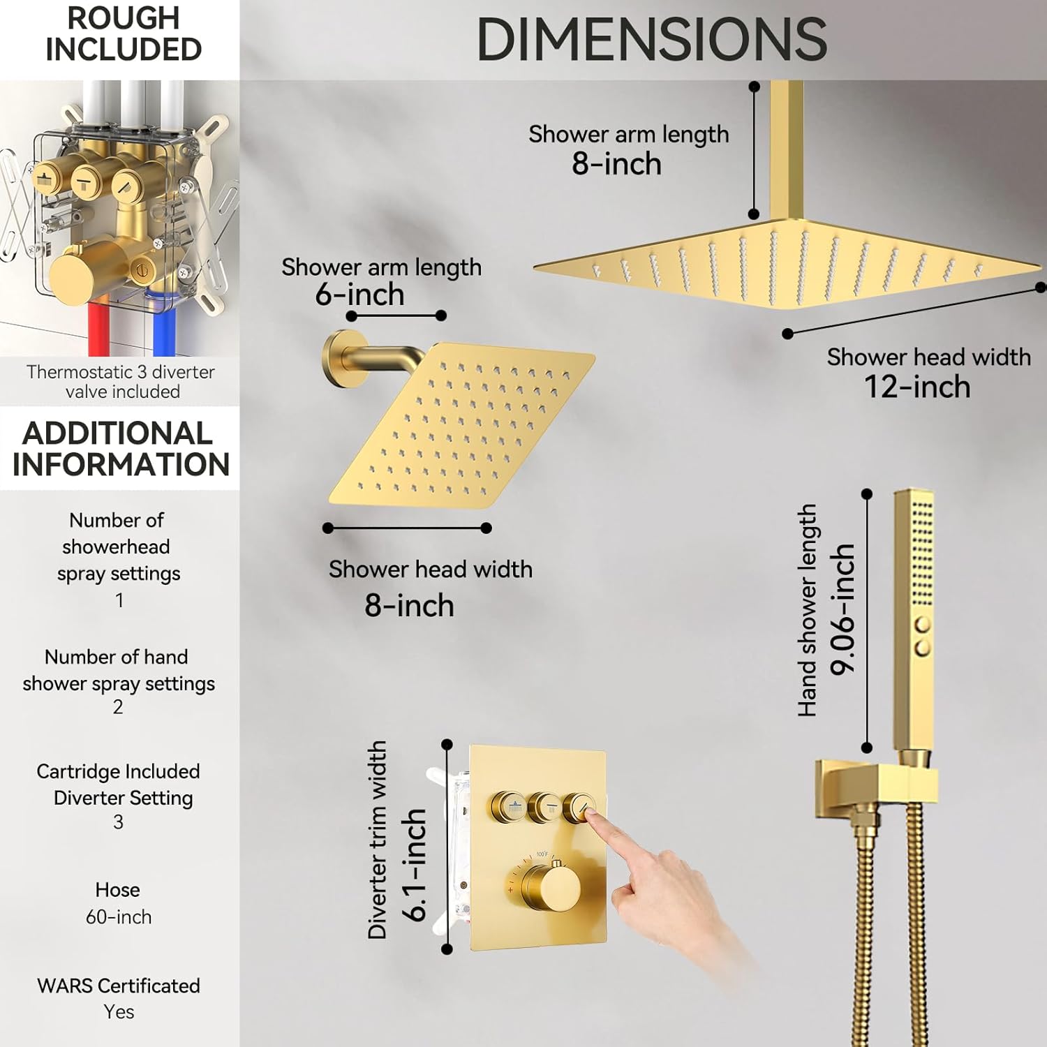 Brushed Gold Shower System, STARBATH Ceiling Mounted 12+8 Inch Rainfall Shower Head with 2 in 1 High Pressure Handhled, Can Use All at Once, Push Button Diverter Thermostatic Valve with Trim Kit