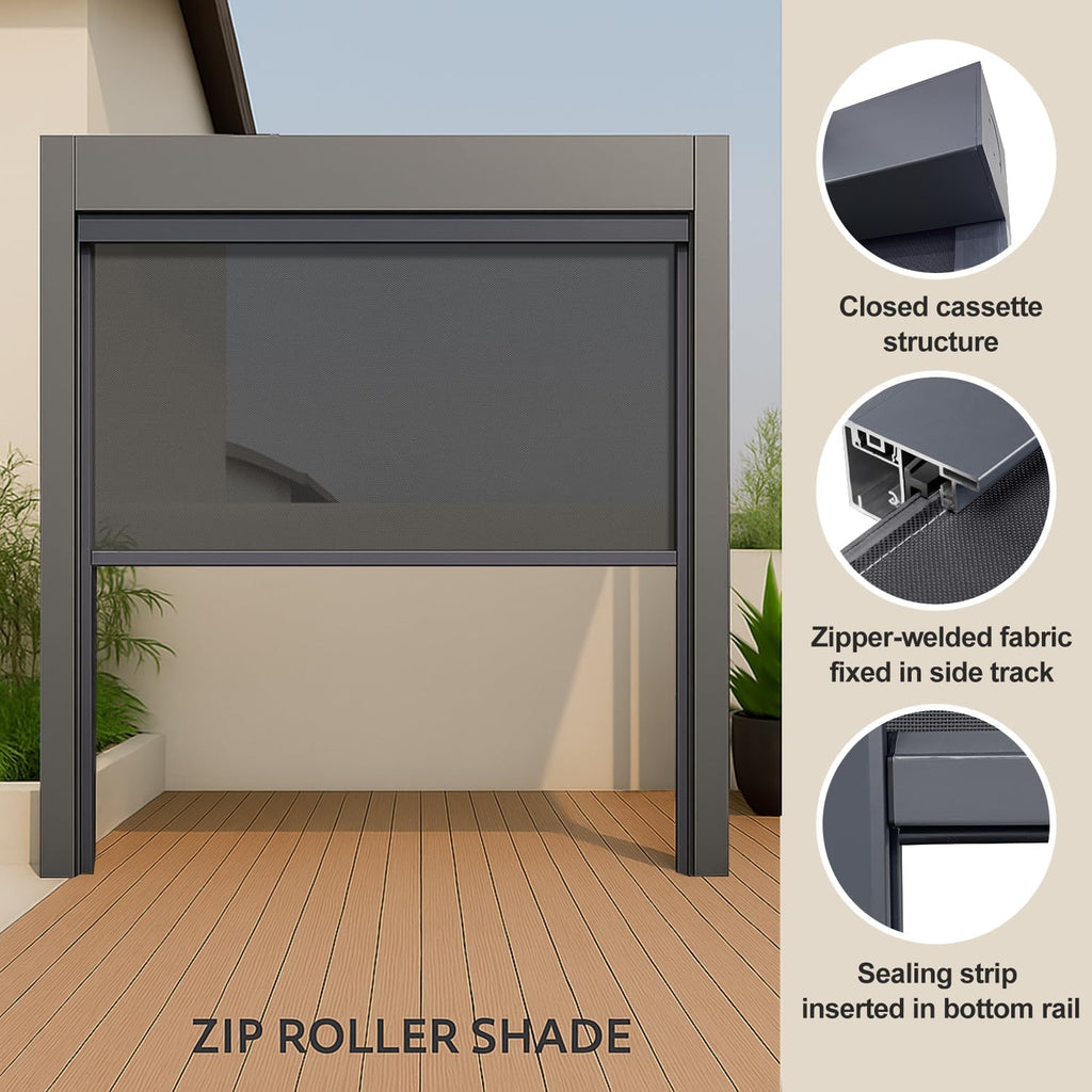 ZSHINE Hard-Wired Outdoor Snow Blocking Weatherproof Motorized Patio Roller Shades Remote Control for Porch Balcony Customized Size (Black Grey 10% Openness)
