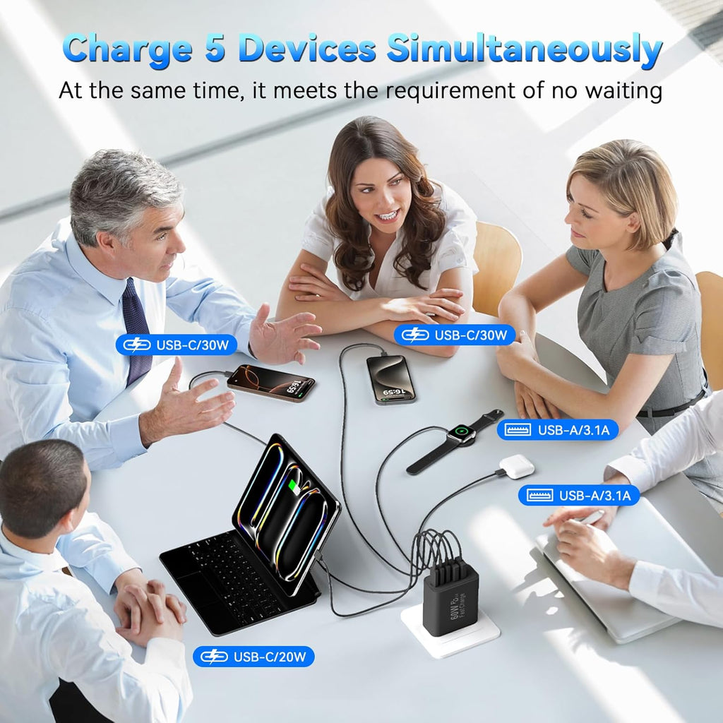 USB C Fast Charger Block, 60W 5-Port USB C Wall Charging Blocks, Type C Charger Fast Charging Brick, 3USB C+2USB A PD&QC3.0 Multiport Charger Plug for iPhone 16/15/14/13 Pro Max, iPad, Galaxy-Black