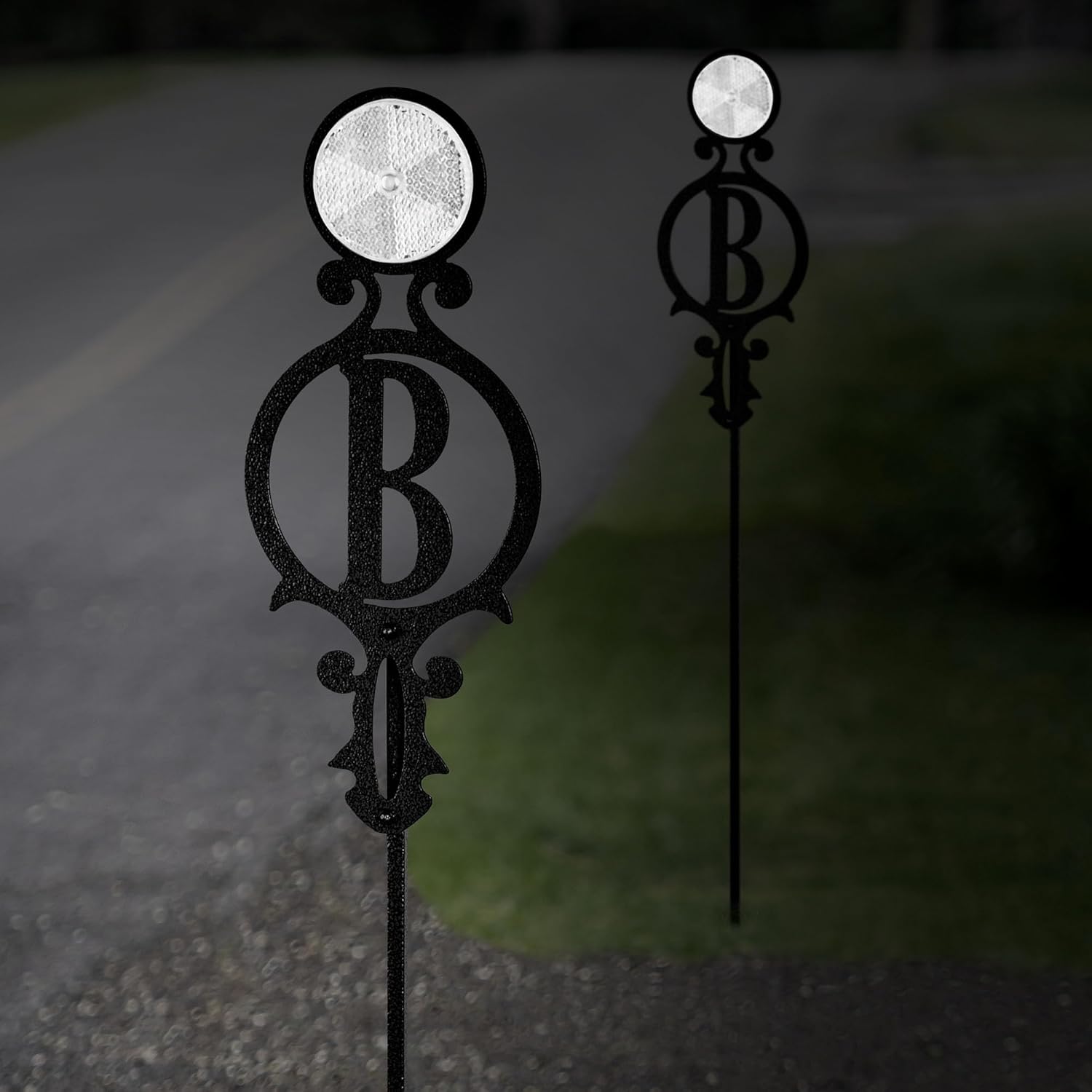 Touch of Class Pathways Reflective Driveway Marker Stake Set of Two for Outdoor Use | Custom Monogram Initial Design | Personalized Tall Reflector Set of 2 | Black Durable Finish