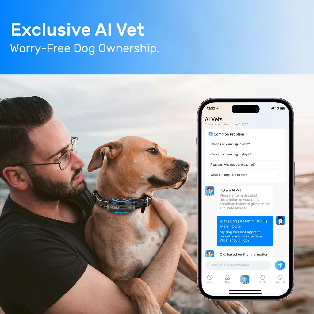 Dog GPS Tracker, Smart Waterproof Tracker with Real-Time Location, Escape Alerts, Activity Monitor, iOS & Android Compatible, for Dogs 40 lbs+ (Black)