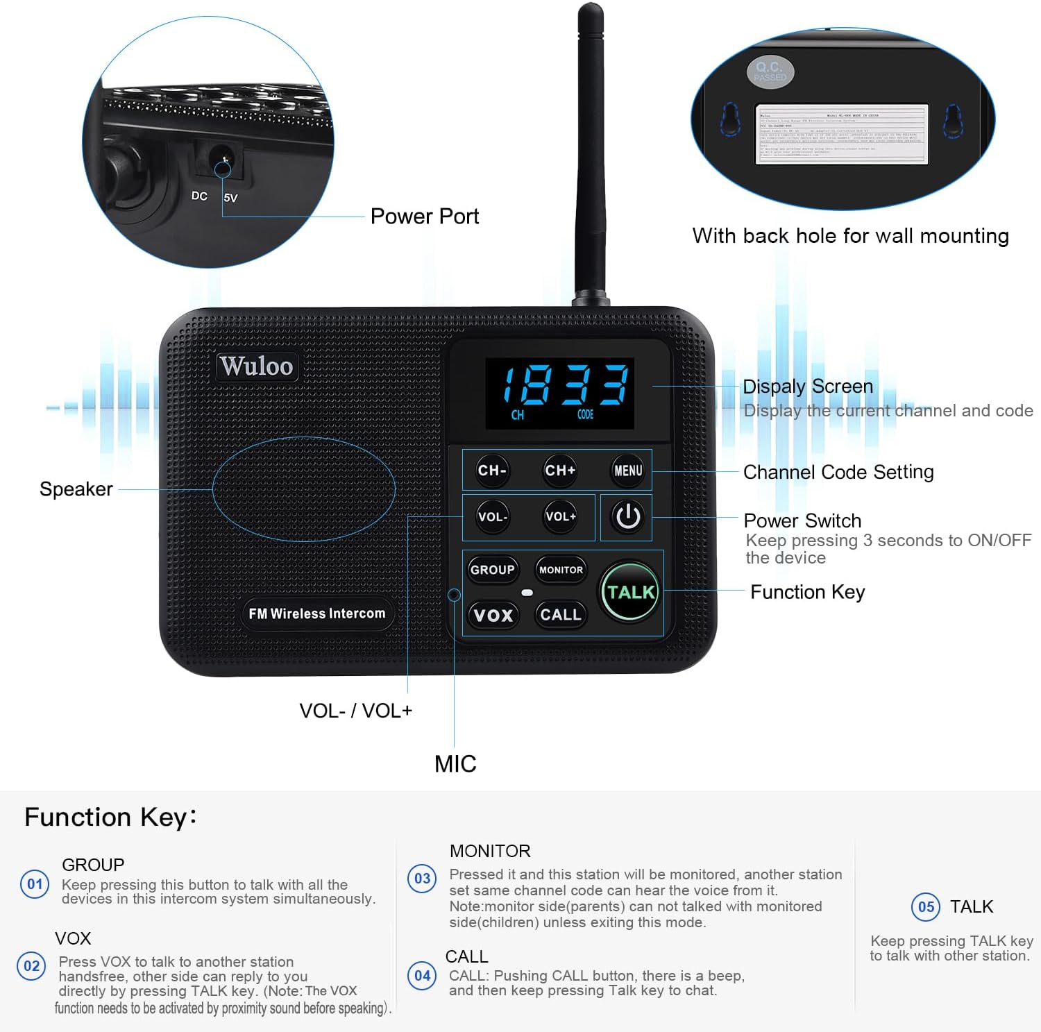 Wuloo Intercoms Wireless for Home 1 Mile Range 22 Channel 100 Digital Code Display Screen, Wireless Intercom System for Home House Business Office, Room to Room Intercom Communication(4Stations Black)