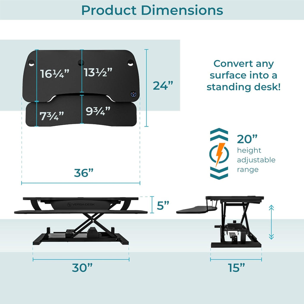 VERSADESK PowerPro™ 36 Inch Electric Standing Desk Converter, Height Adjustable Sit to Stand Up Desk Riser, Laptop and Dual Monitor Desktop Workstation with Wide Keyboard Tray and USB Port, Black