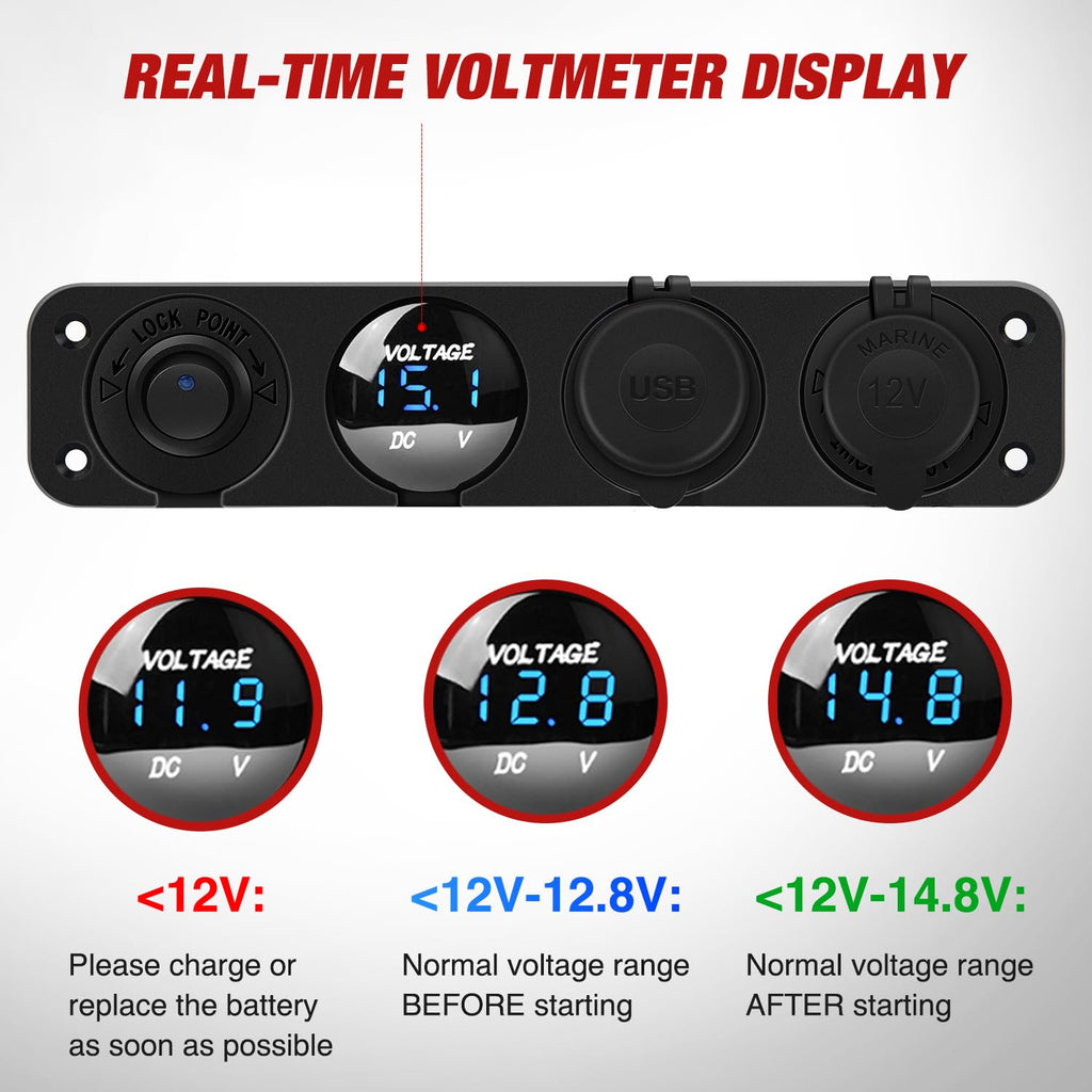 Nilight 4 in 1 Outlet Socket Panel 12V DC 4.8A Dual USB 12 Volt Cigarette Lighter LED Voltmeter ON Off Rocker Toggle Switch for Marine Boat Truck Car