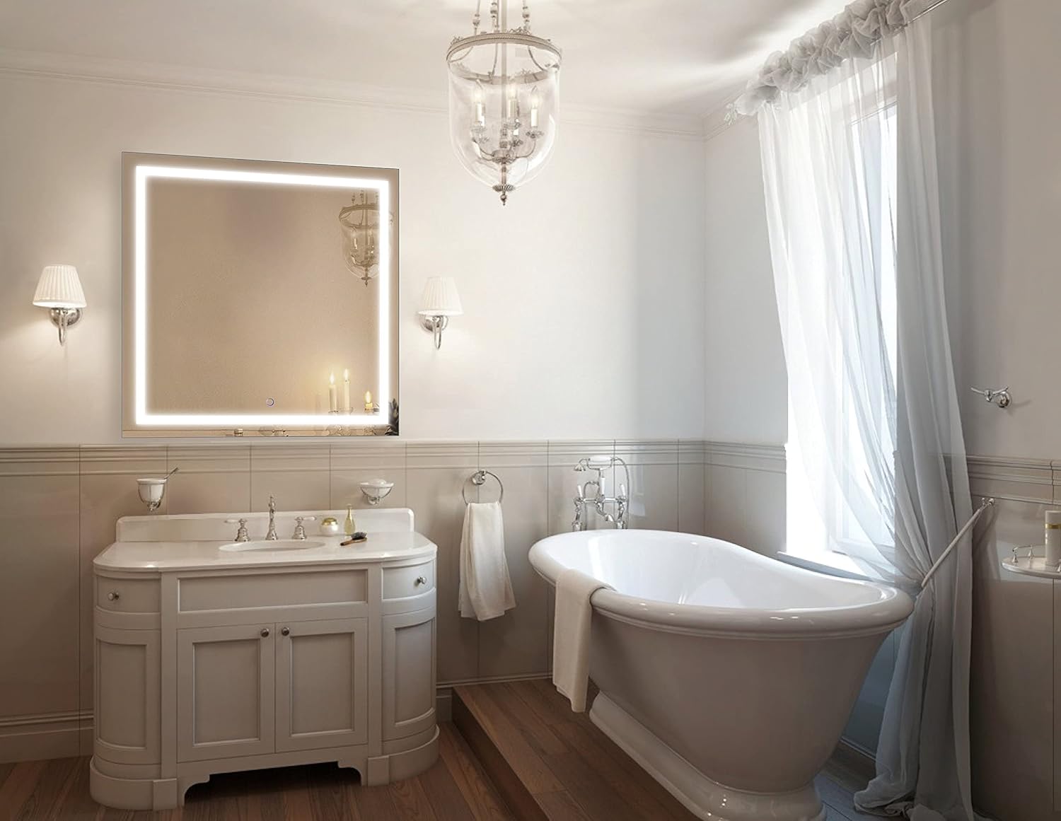 Krugg | Square 36 Inch X 36 Inch LED Bathroom Mirror | Lighted Vanity Mirror Includes Dimmer & Defogger | Wall Mount Vertical or Horizontal Installation