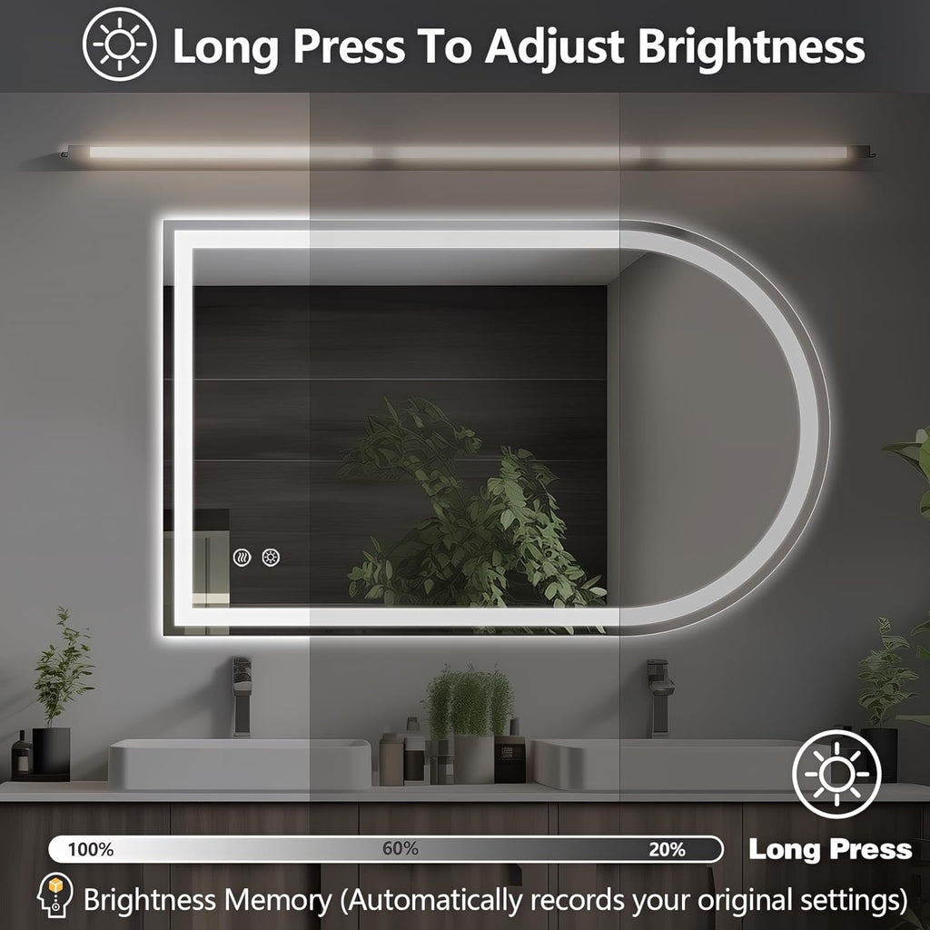 Niccy Arched LED Bathroom Mirror, 48x30 Arch Wall Mounted Frameless Bathroom Mirror for Vanity, Smart Lighted Frontlit Mirrors with Memory Function for Bathroom Bedroom Beauty Hair Salon