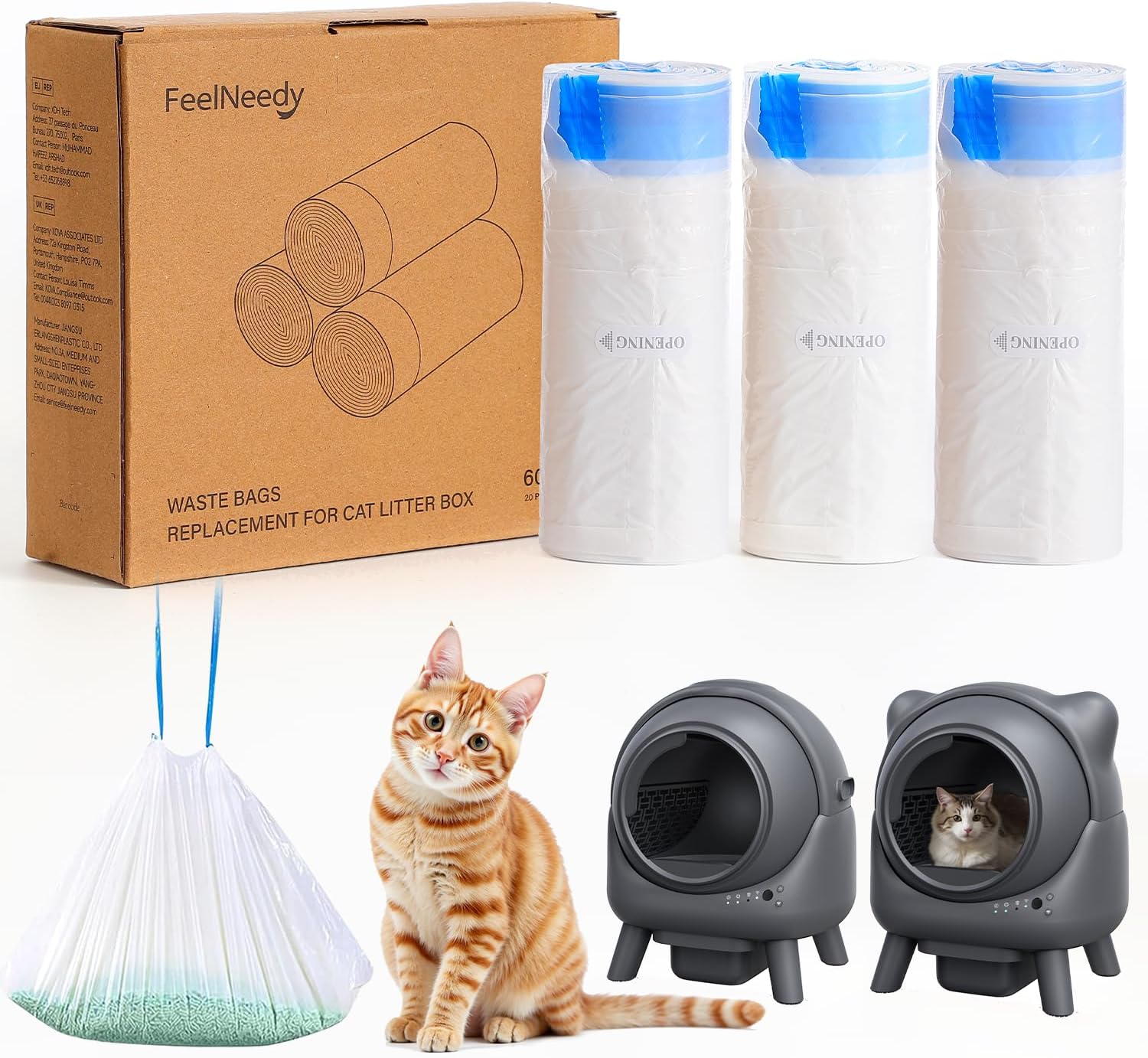 Replaced Trash Bags-3 Rolls, 60 Packs FEELNEEDY Cat Litter Box Waste Bag for S20-A Automatic Self-Cleaning Cat Litter Box