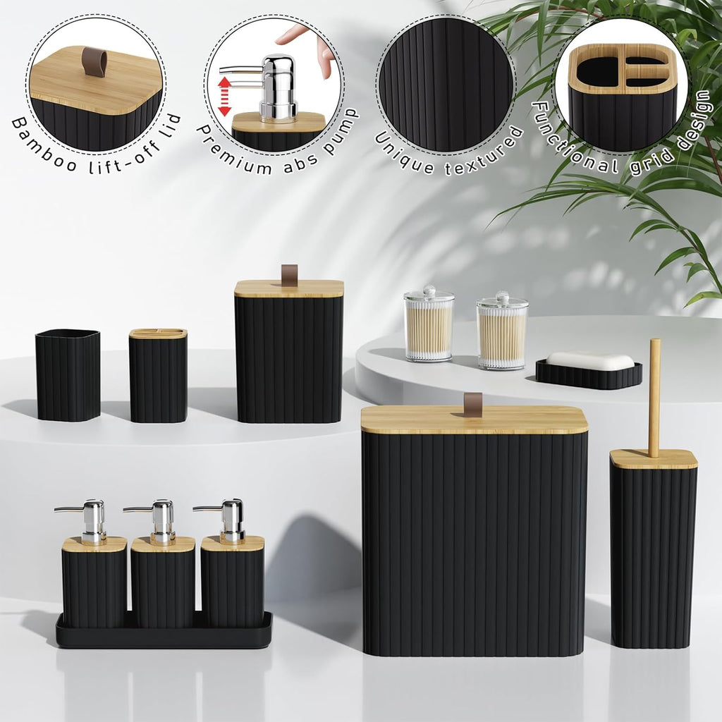 Bathroom Accessory Set - Black Bathroom Set, 12PC Bathroom Accessories Set, Black Bathroom Accessories Set, Mini Trash Can, Toilet Brush, Trash Can & Soap Dispenser
