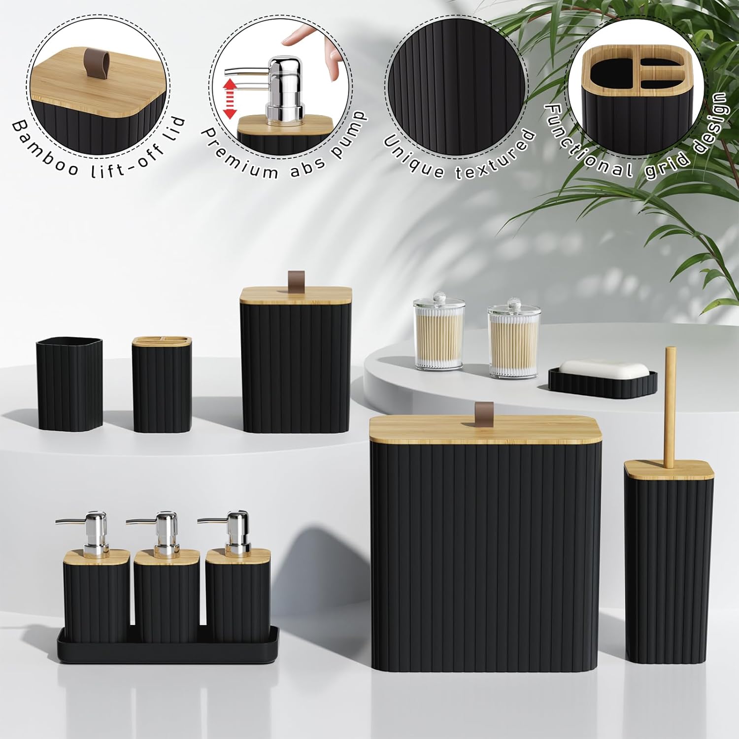 Bathroom Accessory Set - Black Bathroom Set, 27PC Bathroom Accessories Set, Bathroom Sets with Shower Curtain and Rugs, Mini Trash Can, Toilet Brush, Trash Can & Soap Dispenser