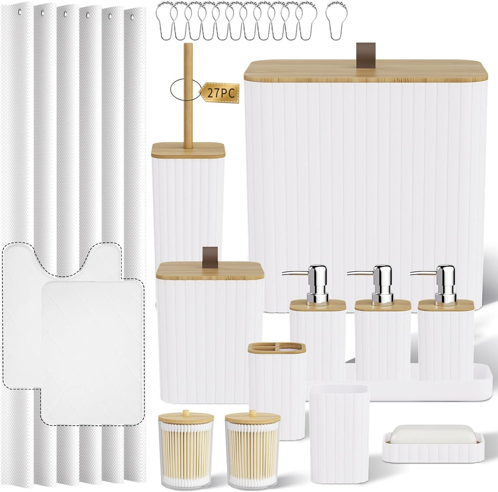 Bathroom Accessory Set - White Bathroom Set, 27PC Bathroom Accessories Set, Bathroom Sets with Shower Curtain and Rugs, Mini Trash Can, Toilet Brush, Trash Can & Soap Dispenser