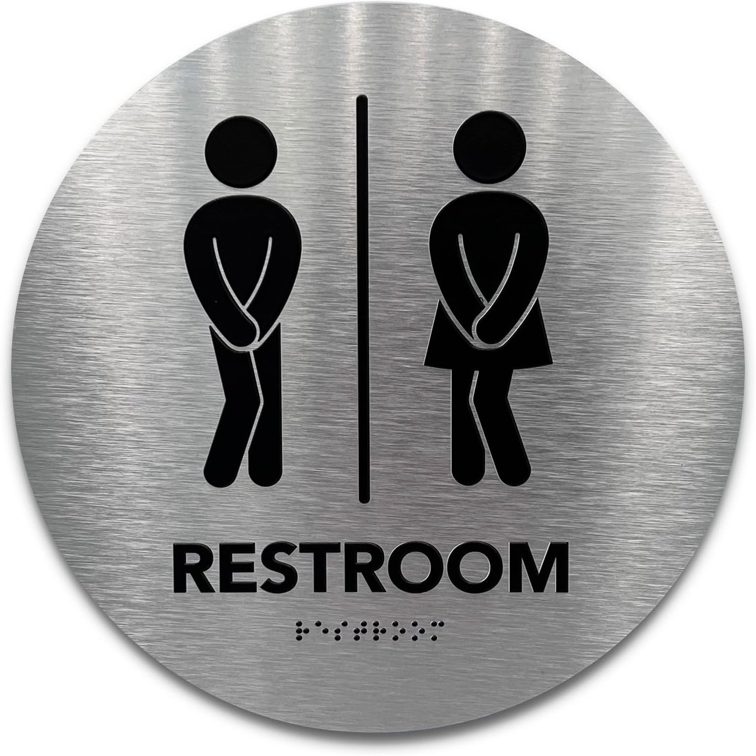 Circle Unisex Boutique Bathroom Sign by GDS - Raised Icons, & Grade 2 Braille - Includes Adhesive Strips for Easy Installation - Bathroom Signs for Business, Restroom Signs for Business, Unisex Bathroom Sign - 9” Diameter (Brushed Aluminum) - Made in USA