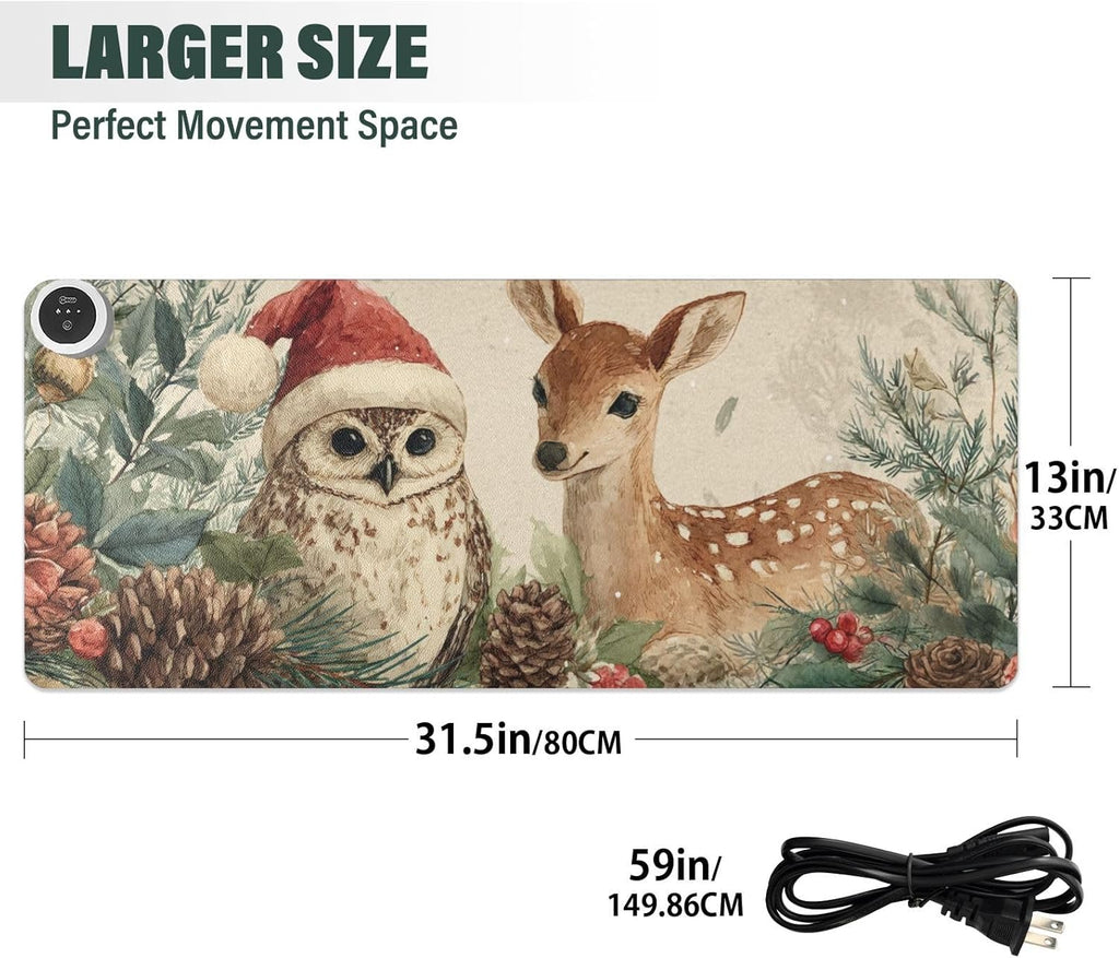 Heated Desk Pad Mouse Pad 31.5x13 Inch PU Leather Desk Mat with 3 Heat Levels Large Mouse Gaming Computer Laptop Mat Beige Christmas Owl Deer Pinecorns
