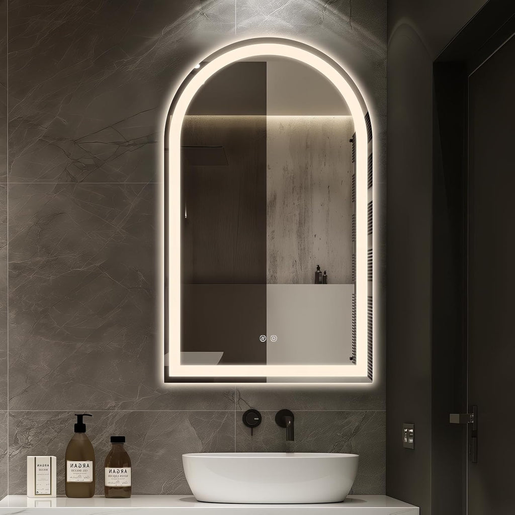 Niccy Arched LED Bathroom Mirror, 33x20 Arch Wall Mounted Frameless Bathroom Mirror for Vanity, Smart Lighted Frontlit Mirrors with Memory Function for Bathroom Bedroom Beauty Hair Salon