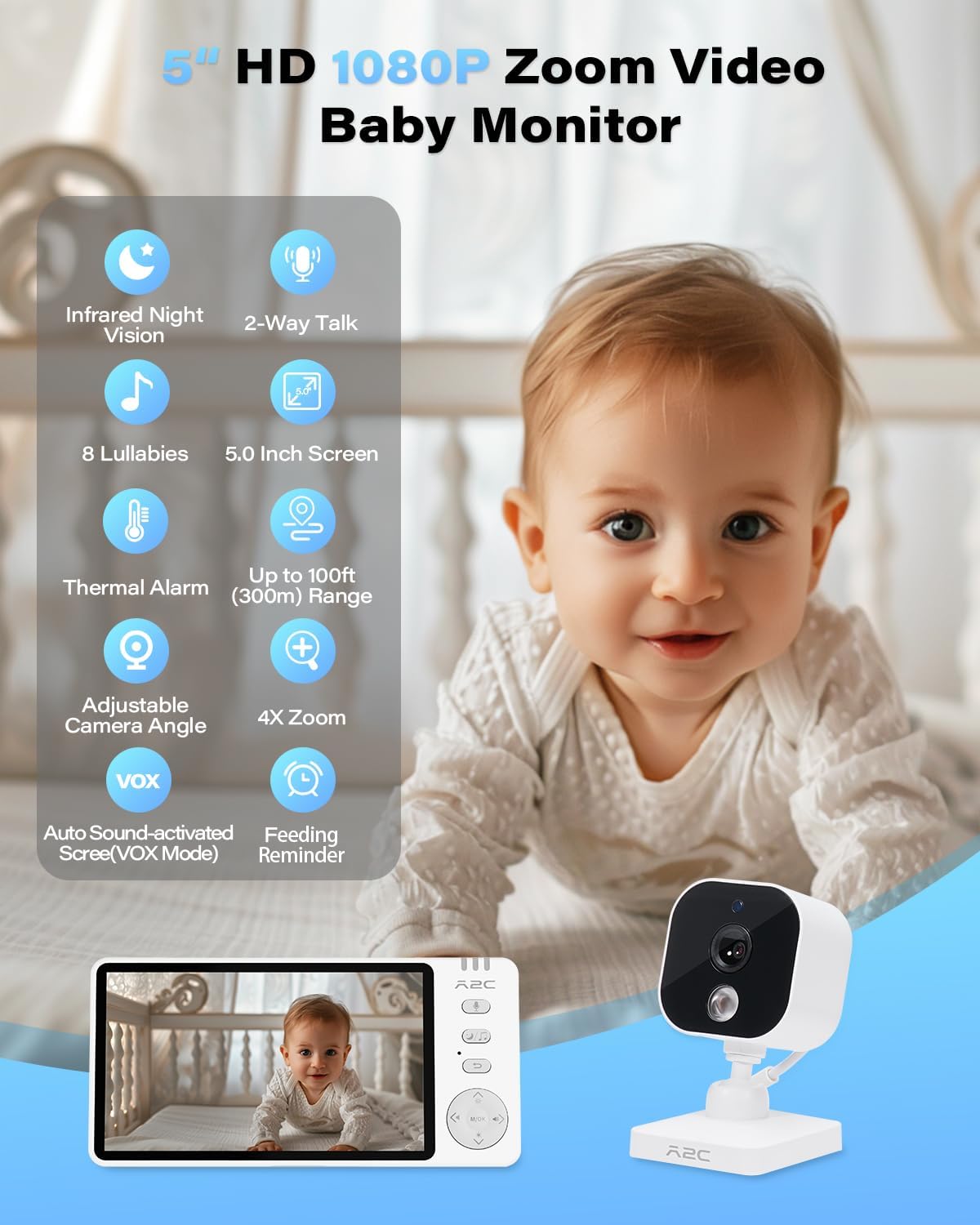 A2C Baby Car Camera, 5" 1080P HD Baby Monitor with Night Vision & VOX Mode, Rear-Facing Car Seat Monitor for Backseat & Home, 1000FT Range, USB Powered Plug & Play (No WiFi Needed)