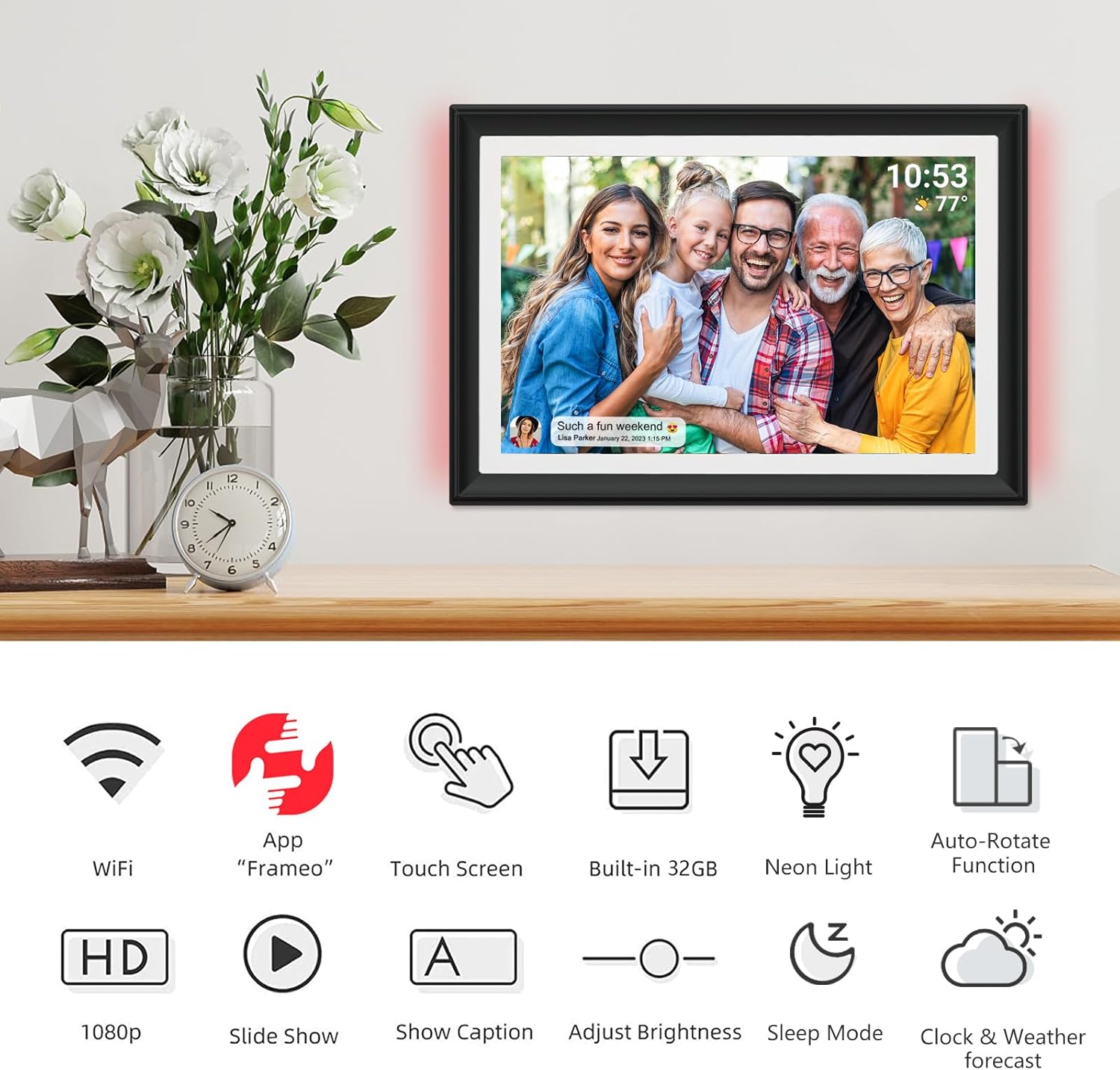 32GB FRAMEO 10.1 Inch WiFi Digital Photo Frame with LED Light, 1280x800 HD IPS LCD Touch Screen, Auto-Rotate Portrait and Landscape, 32GB Storage, Share Moments Instantly via Frameo App from Anywhere