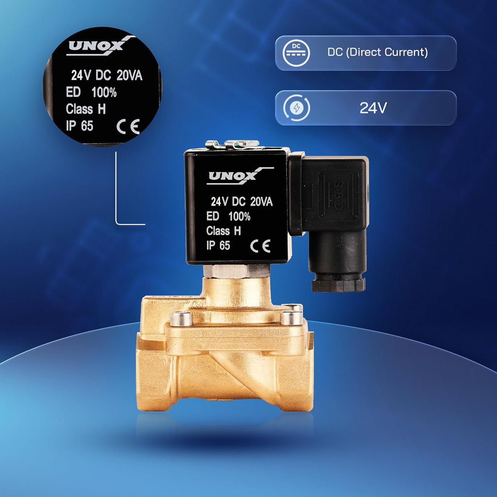 UNOX 1/2" NPT Solenoid Valve 24V DC, Brass Control Valve Normally Closed - 7-232 PSI Multi-Purpose Reliable Control Valve for Water, Air, and Gas - Solenoid Valves