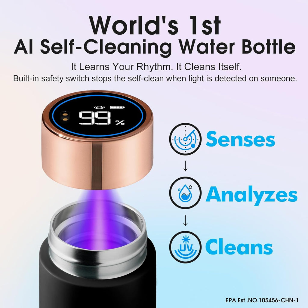 Vsitoo Smart self cleaning Insulated Water Bottle, 15oz Stainless Steel Vacuum Flask, AI Self-Clean, 30-Day Battery Life, BPA-Free, Magnetic Charging, Portable Travel Mug Gifts for Men Women, Black