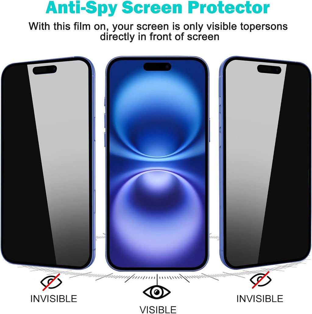 PEHAEL 3+3Pack for iPhone 16 Plus Privacy Screen Protector with Camera Lens Protector Full Coverage Anti-Spy Tempered Glass Film 9H Hardness Easy Installation Bubble Free [6.7 inch]