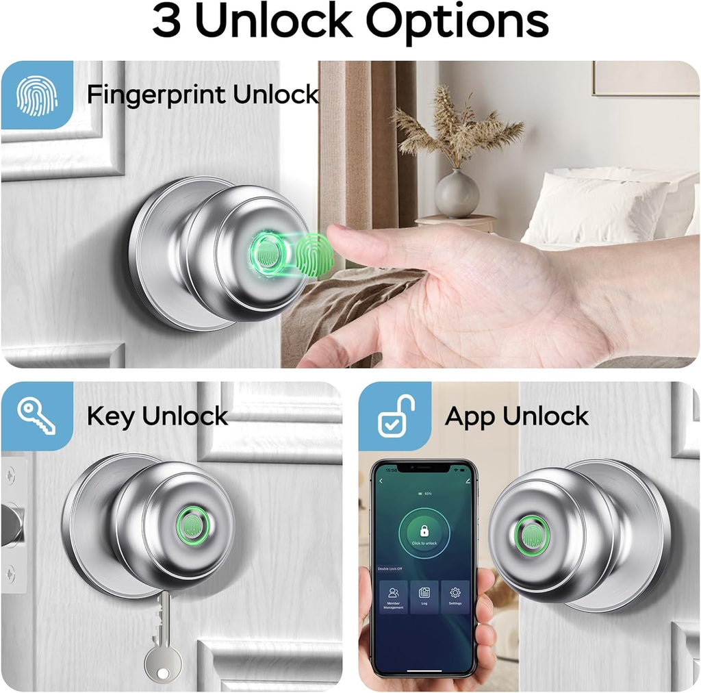 GeekTale Fingerprint Door Lock for Bedrooms, Fingerprint Door Knob with Lock, Smart Door Lock, App Control, Back-up Keys, Thumbprint Door Knob for Bedrooms, Office, Apartment