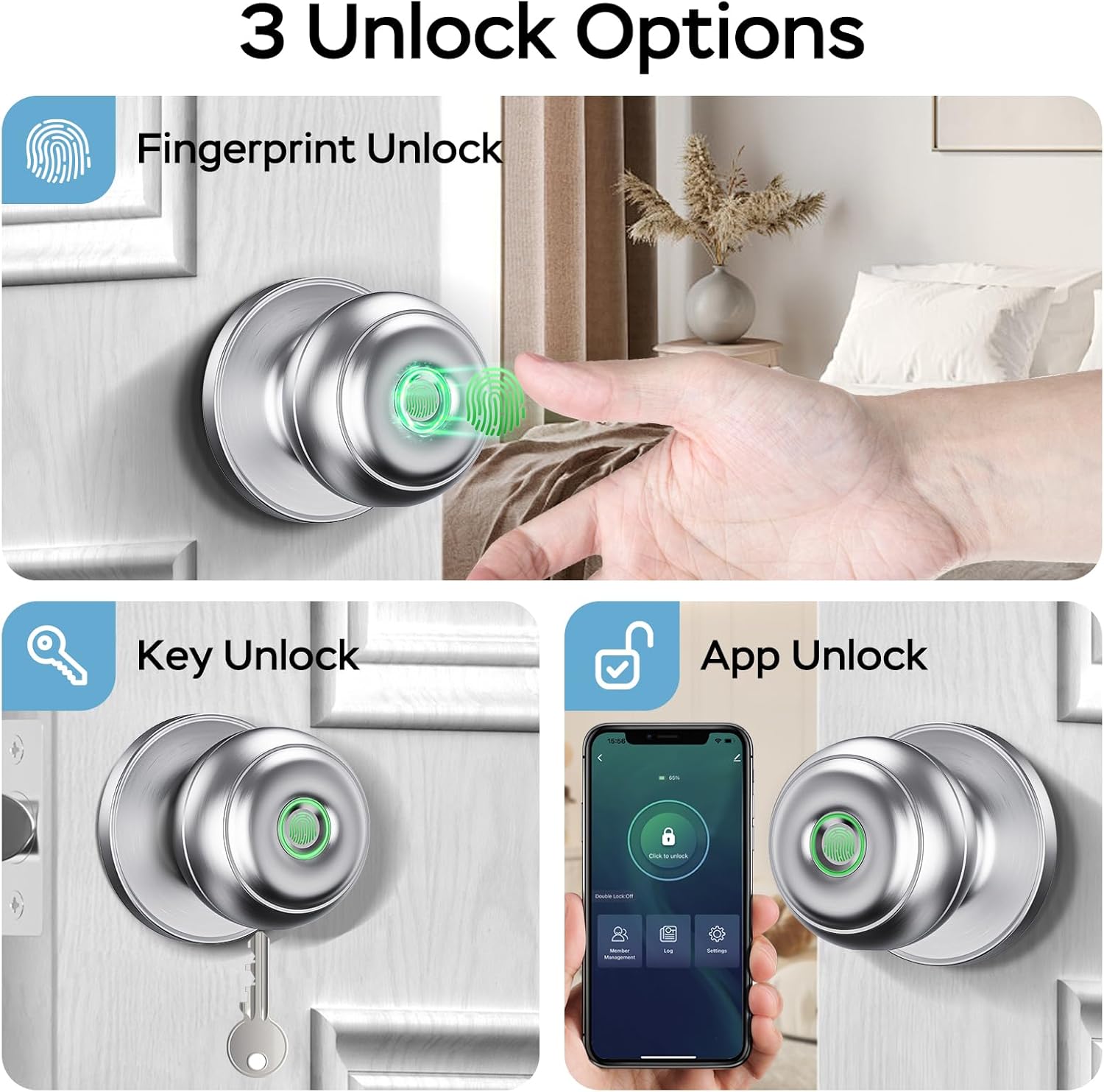 GeekTale Fingerprint Door Lock for Bedrooms, Fingerprint Door Knob with Lock, Smart Door Lock, App Control, Back-up Keys, Thumbprint Door Knob for Bedrooms, Office, Apartment
