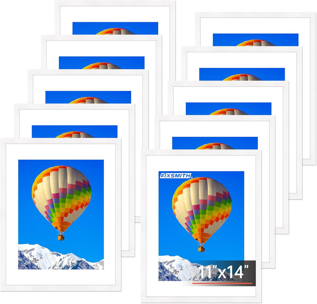 FIXSMITH 11x14 Picture Frame Set of 10, White Photo Frames Bulk with HD Plexiglass, Display Pictures 8x10 with Mat or 11x14 Without Mat, Multi Picture Frames Collage for Wall Decor
