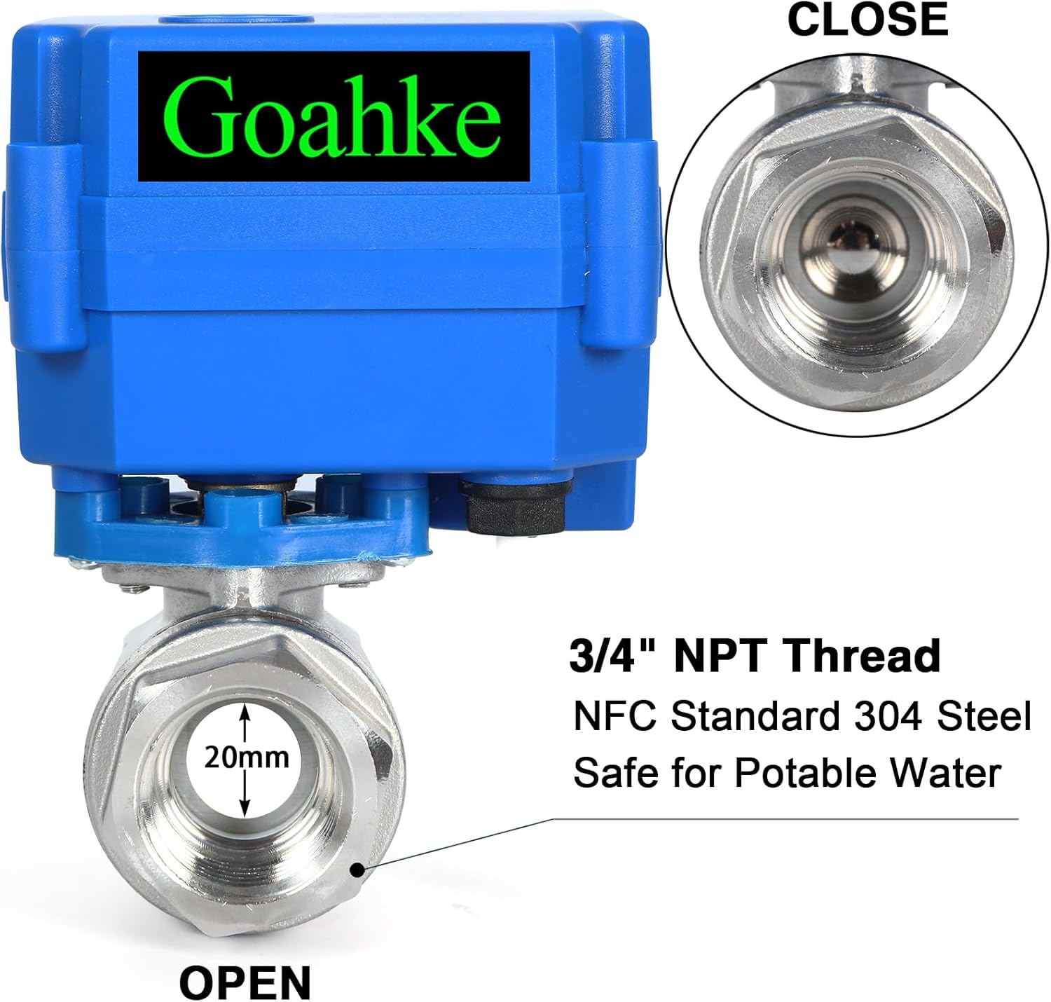 Motorized Ball Valve 3/4", Full Port, 2 Wire Auto Return Stainless Steel Ball Valves, 9-24V AC/DC, Electric Shut Off Ball Valves