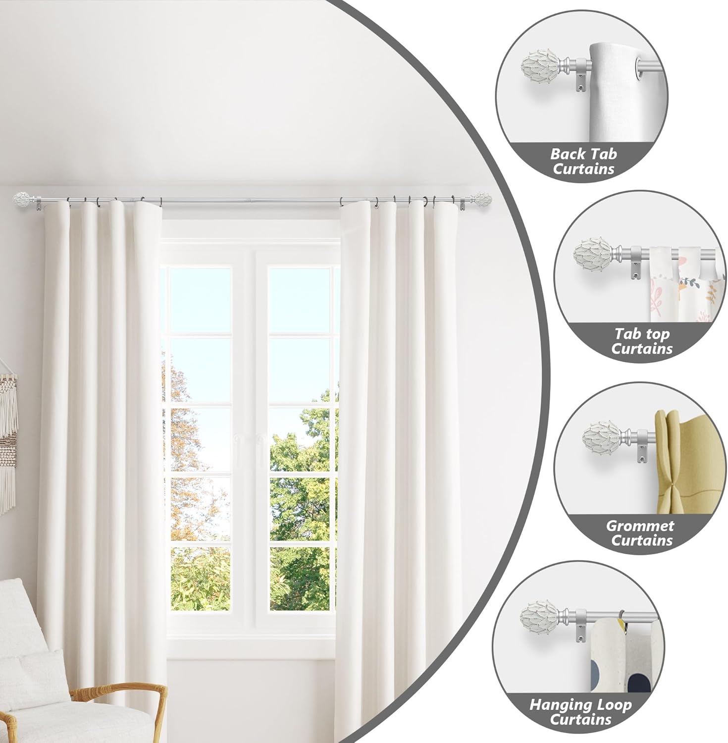 Curtain Rods for Windows 66 to 120 Inches 1 Inch Diameter Adjustable Drapery Rod Decorative Single Window Curtain Rods with Classic Finials,Silver