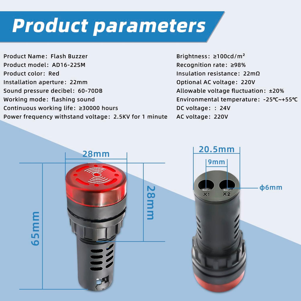 Indicator Light 24V Buzzer，10PCS 22mm Red LDE Flashing Buzzer AC/DC 24V Alarm for Electrical Control Panel