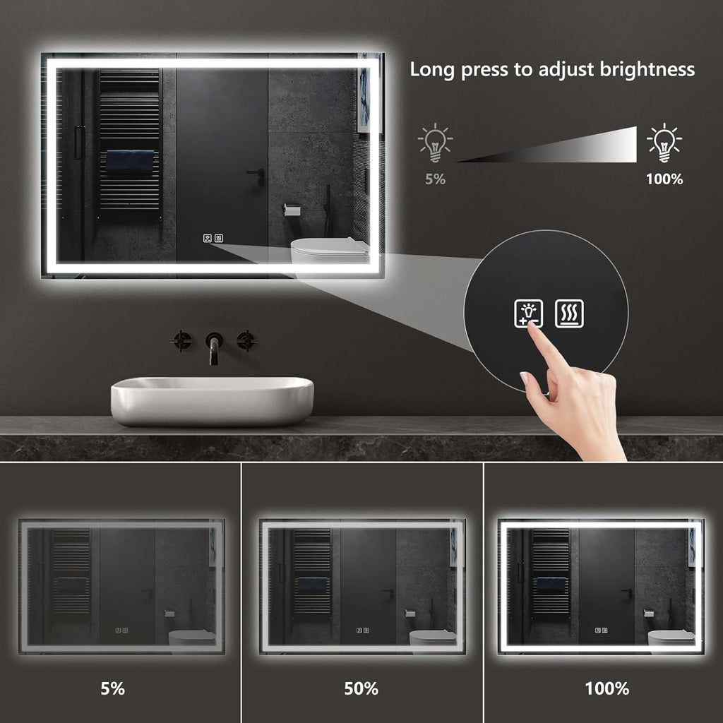 APRILSOUL 48x36 Inch LED Bathroom Mirror with Front and Backlit, Makeup Mirror with 3 Color Lights, Memory Function, Anti-Fog and Dimmable Light (Horizontal/Vertical)