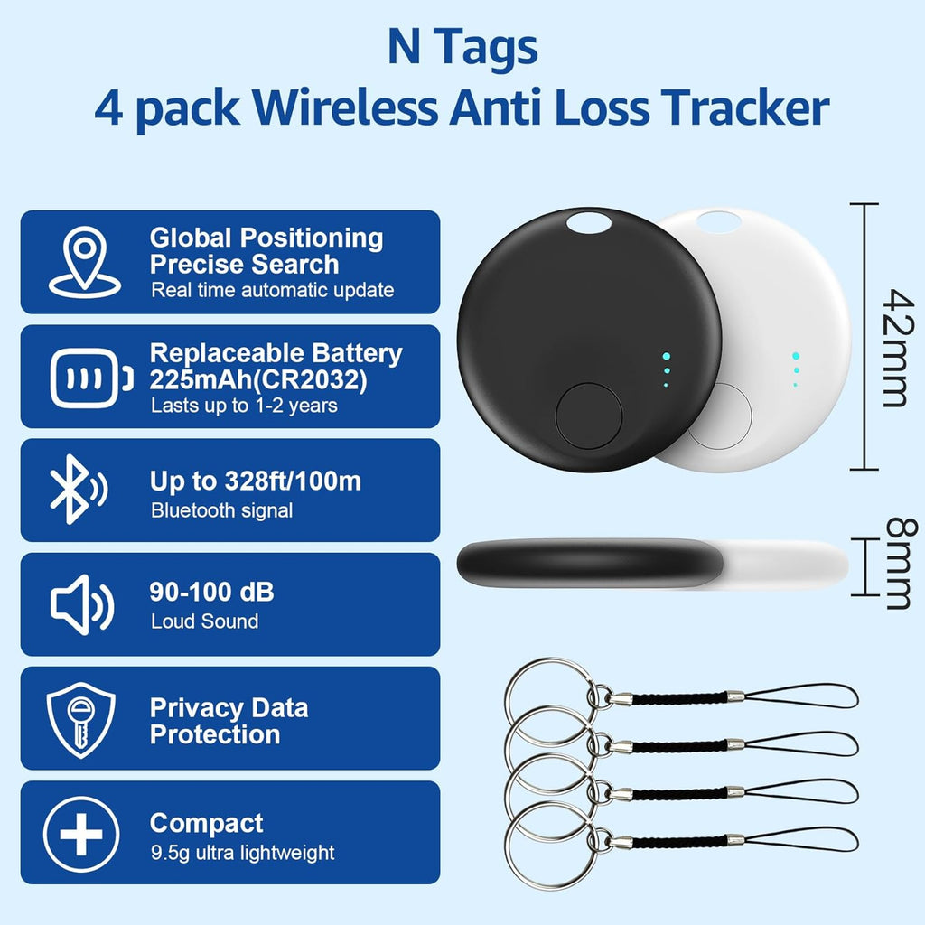 Smart Tags-4 Pack for Android Tracker Tags, Bluetooth Tracker, Work with Google's Find Hub App, Item Finder for Keys, Item Locator for Wallet, Suitcases (White&Black)