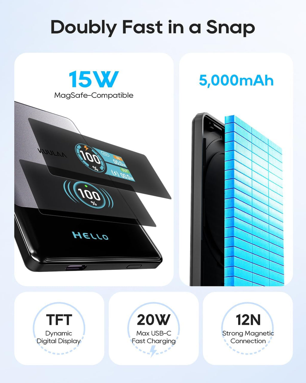 Kuulaa 0.3 inch Ultra-Slim MagSafe Battery Pack 5000mAh, Magnetic Wireless Fast Charging Portable Charger Power Bank with Smart Display for iPhone 17 Pro Max Plus Air 16 15 14 13 12,Grey