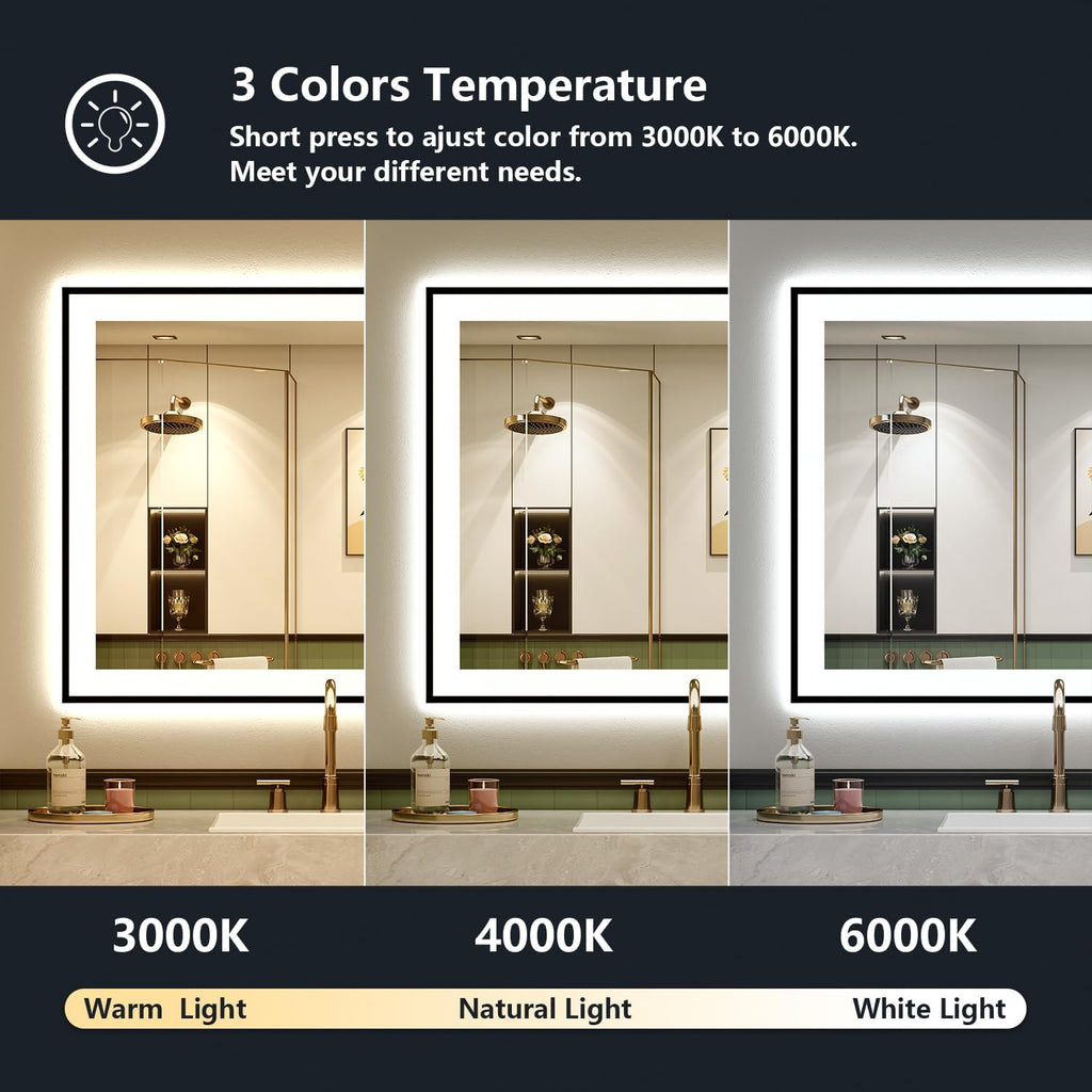24x30 Inch LED Bathroom Mirror with Lights (Front Lit and Backlit) Black Framed Lighted Vanity Mirror for Bathroom Wall Dimmable Anti-Fog Memory Tempered Glass Horizontal/Vertical