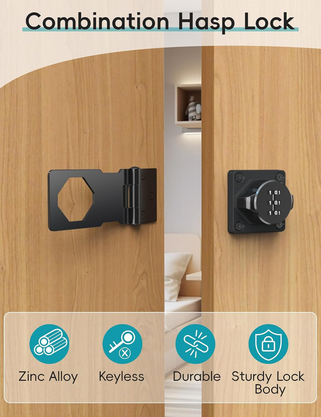 Cabinet Password Hasp Lock, Keyless Combination Lock for Small Doors, Barn, Bathroom, Outdoor, Garage, Garden, Black