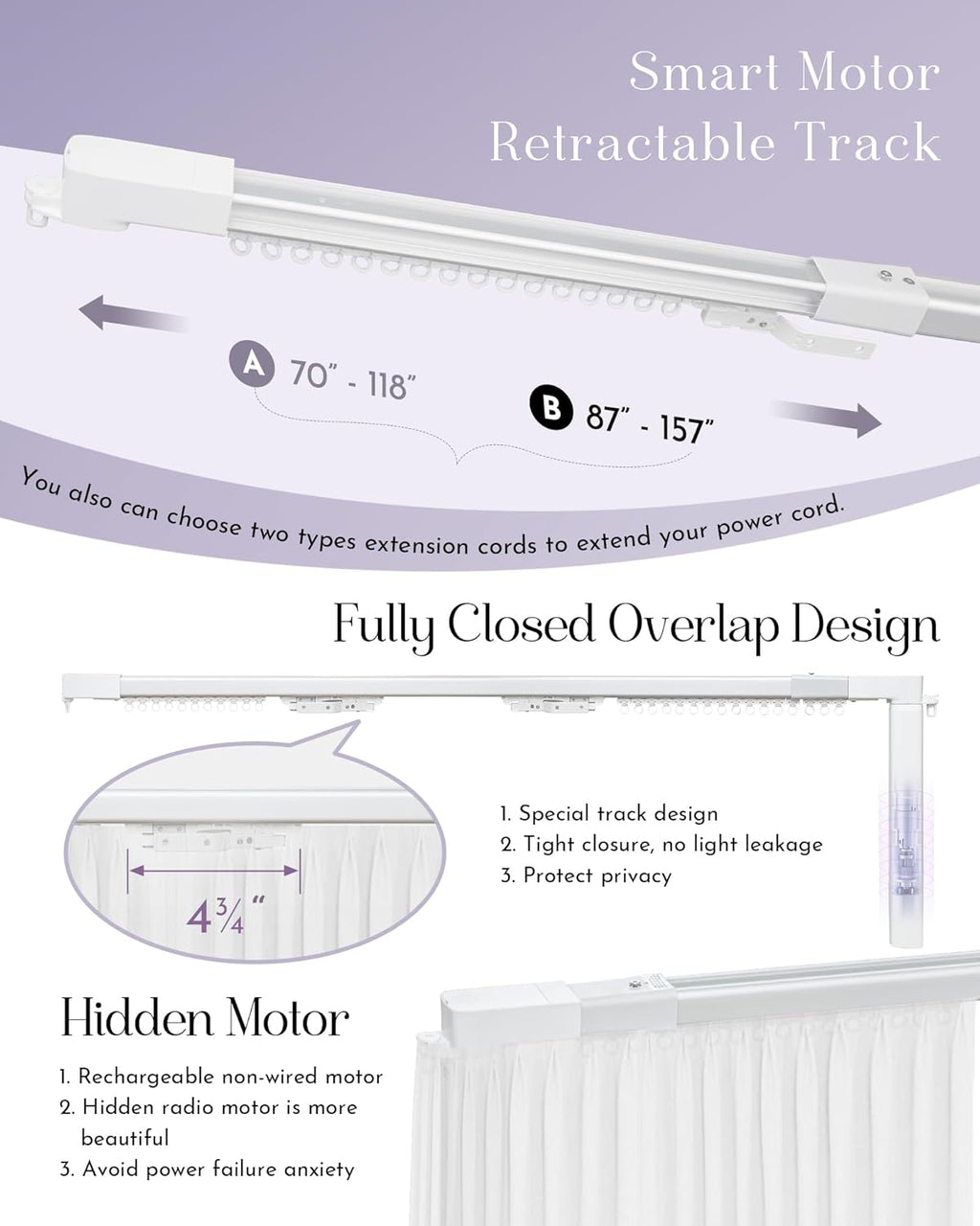 Graywind Retractable Smart Curtain Track Motorized Center-Opening Rail, Smart Curtains System Compatible with Alexa/Google Home (87-157inch)