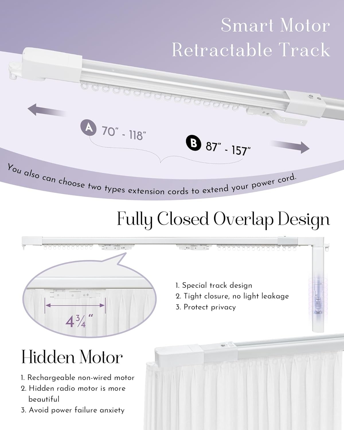 Graywind Retractable Smart Curtain Track Motorized Center-Opening Rail, Smart Curtains System Compatible with Alexa/Google Home (70-118inch)