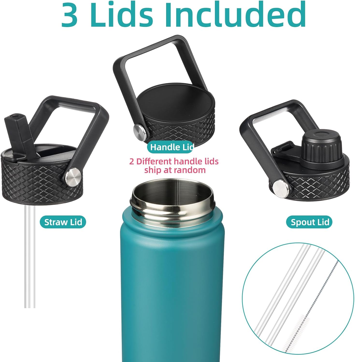 Insulated Water Bottle 24oz Stainless Steel Sport Bottles with 3 Lids,Light Blue