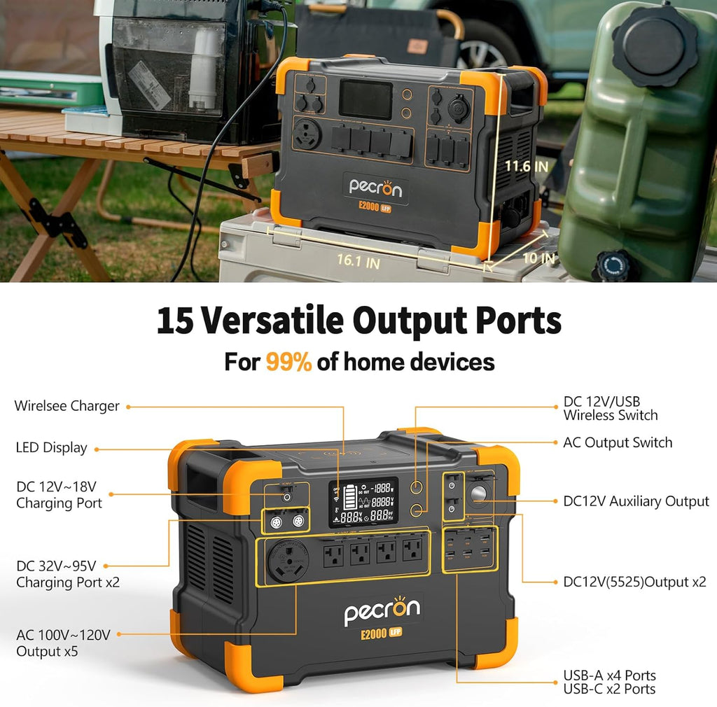 pecron Portable Power Station E2000LFP, 1920Wh LiFePO4 Battery Backup, 5X2000W AC Outlets, Expandable to 8064Wh, 1200W Max Solar Input, Backup Power for Outdoors Camping Fishing Emergency
