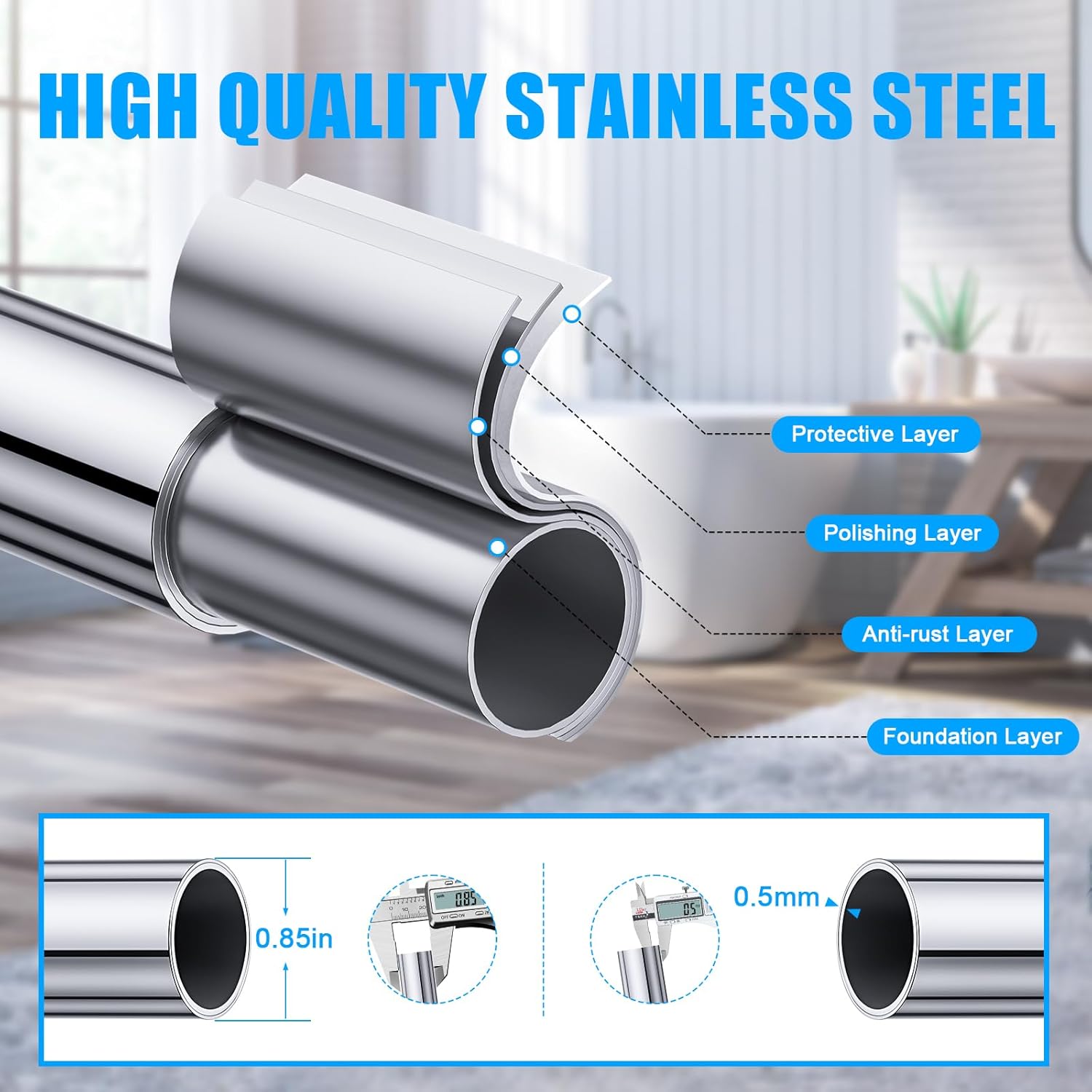 TEECK Shower Curtain Rod, 32-43 inch Adjustable Spring Tension Curtain Rod, Never Rust Anti-Slip Shower Curtain Rod for Bathroom, No Drilling, Never Collapse, Easy to Use, Silver