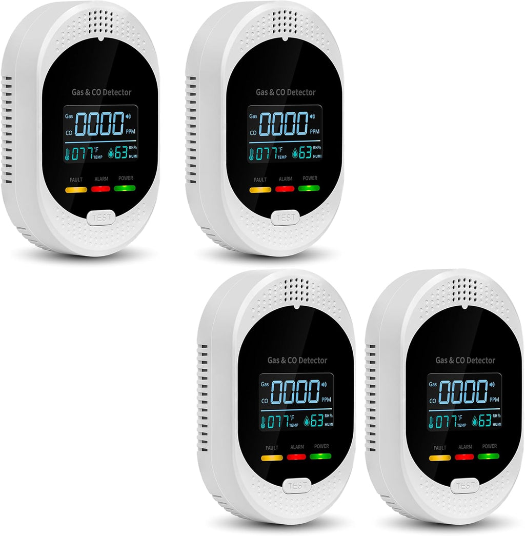 4PCS 4-in-1 Carbon Monoxide & Natural Gas Detectors with Temperature/Humidity LCD Display, Plug in Co Leak Detector Propane Monitor for Home Travel RV Essentials, Sound Alarm Over 85dB