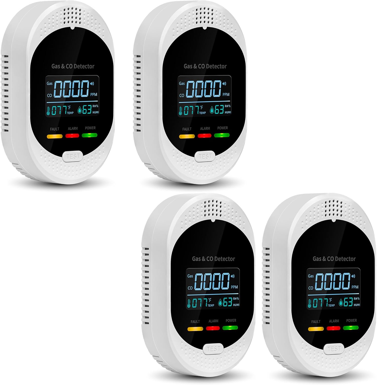 4PCS 4-in-1 Carbon Monoxide & Natural Gas Detectors with Temperature/Humidity LCD Display, Plug in Co Leak Detector Propane Monitor for Home Travel RV Essentials, Sound Alarm Over 85dB
