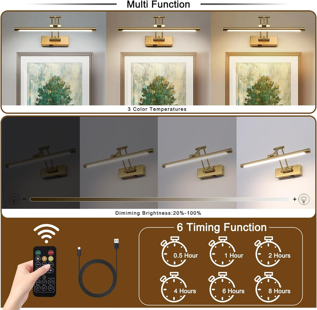 Battery Picture Lights for Wall, Rechargeable Gallery Light Wireless Art Display Lights with Dual-Rods Swing Arm Brass Painting Light with Remote & Timer 3CCT Dimmable Wall Sconces for Portrait 16”