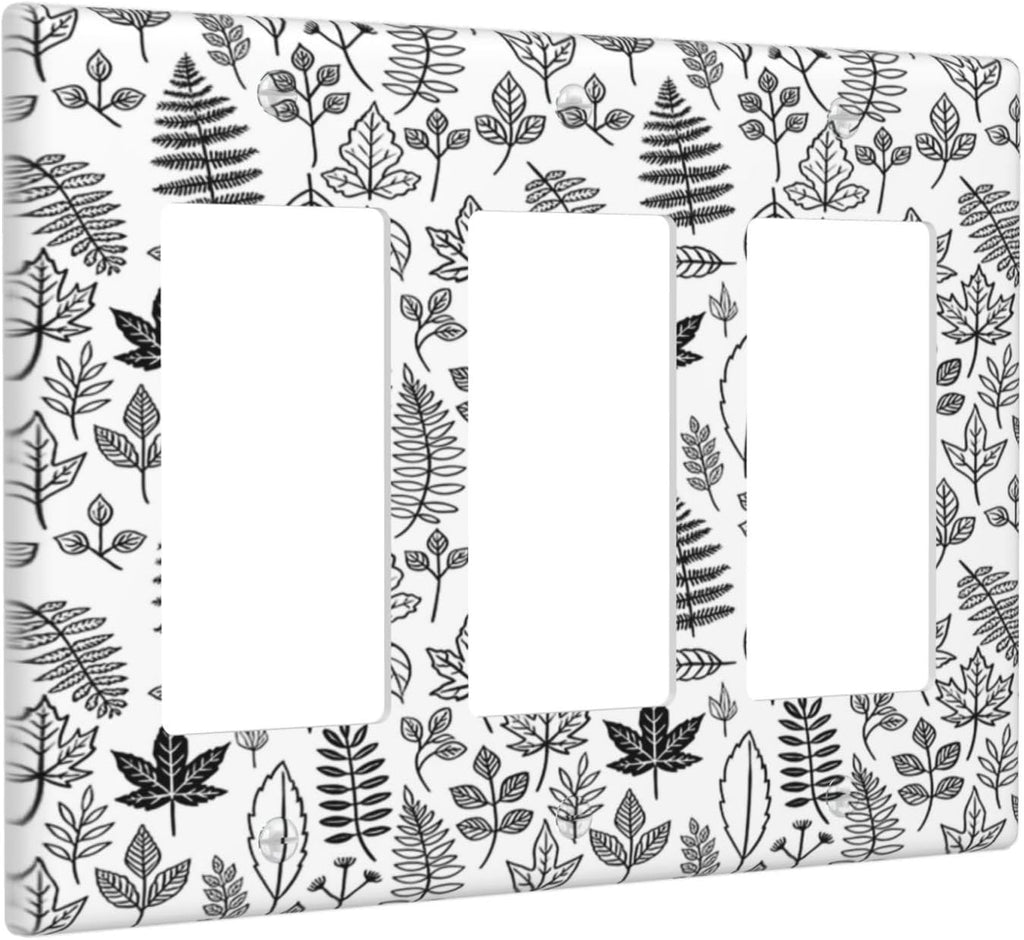 Black White Leaf Wheat Maple Leaf Plant Light Switch Covers 3 Gang Rocker Decorative Triple Outlet Wall Plate Cover Electrical GFCI Switchplate for Bedroom Bathroom Decor
